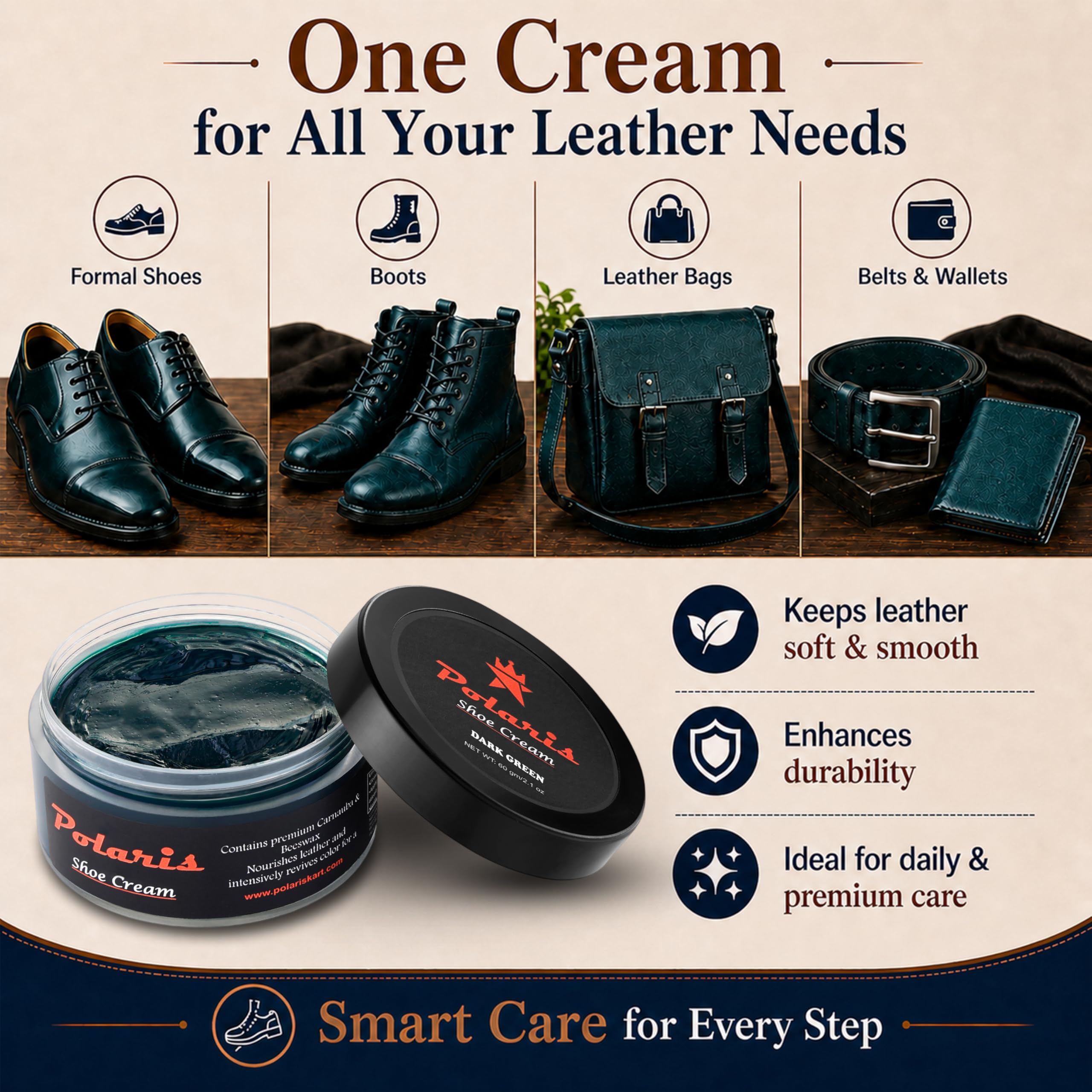 polaris Shoe Cream Dark Green 60gm | Premium Leather Shoe Polish & Shoe Shine Cream | Long Lasting Leather Conditioner Shoes & Shoe Color Restorer for Formal Shoes, Boots, Bags & Belts 2