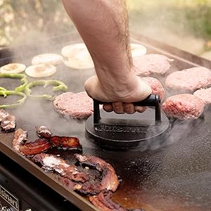 Cuisinart 6.5" Cast Iron Smashed Burger Press, Round Flat Edge Grill Press for Crispy Smash Burgers, Burger Tool for Grill and Griddle Accessories, for BBQs and Tailgates