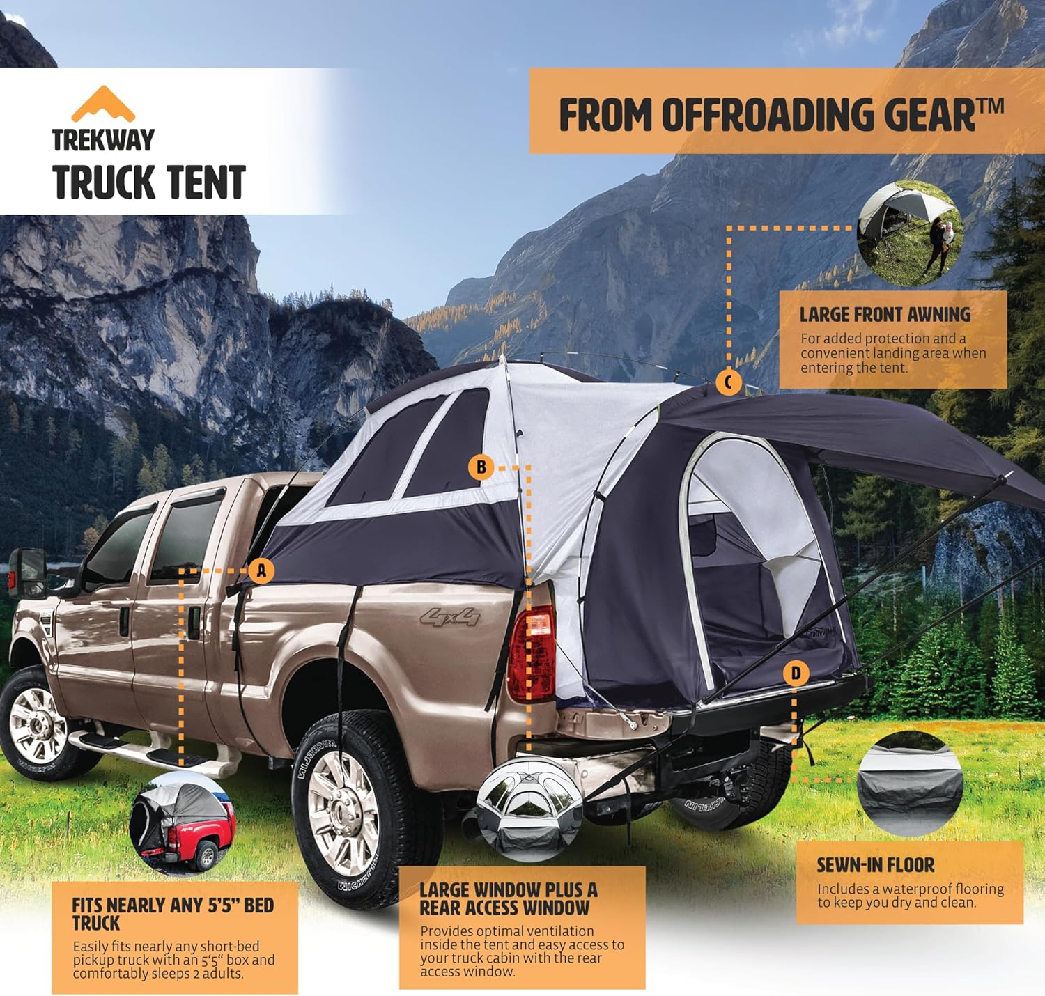 Offroading Gear 5.5ft Truck Bed Camping Tent w/Canopy | Waterproof | Compatible with F150| Ram| Sierra| GMC| Nissan| Etc.