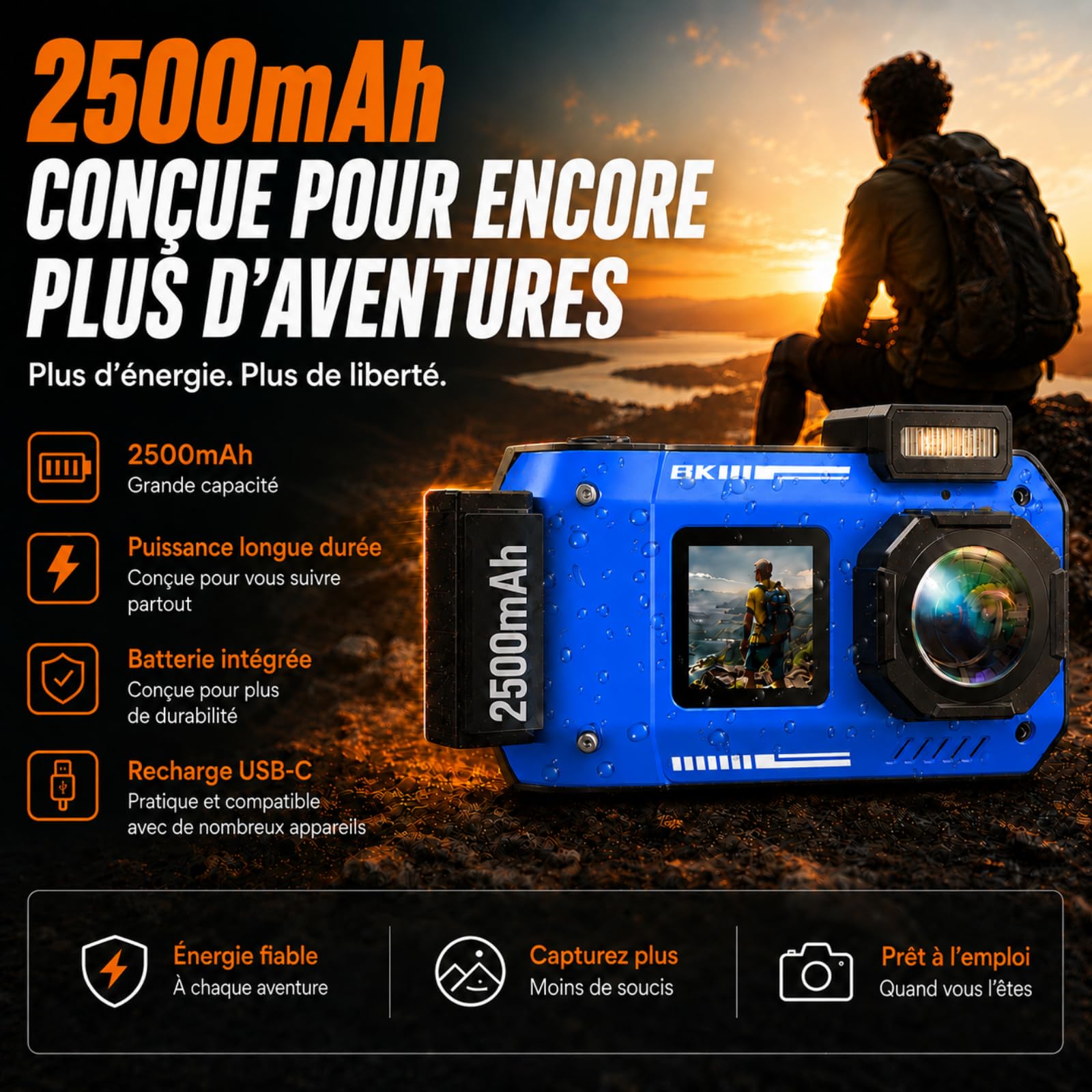 MaxMango D50 33FT Appareil Photo Numérique Etanche，8K 70MP Caméra sous-Marine avec 16 Go de Stockage, Double écran 18x, Résistante à la Poussière et Aux Chocs, Autofocus - Bleu