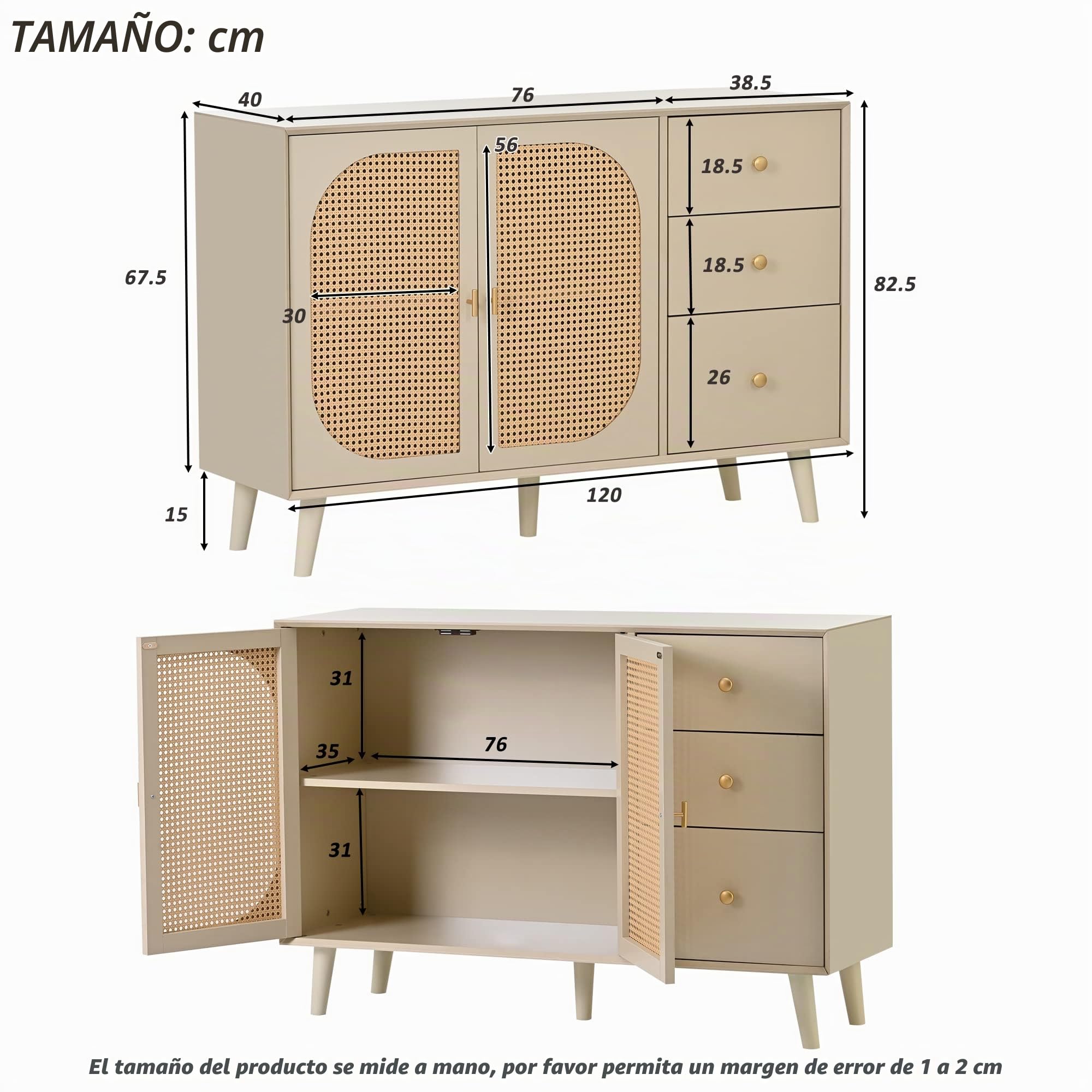 Azkoeesy Aparador de Ratán Beige- Armario Buffet 2 Puertas + 3 Cajones (120x40x82 cm) para Cocina, Salón o Jardín - Mueble de Almacenamiento Estilo Rústico