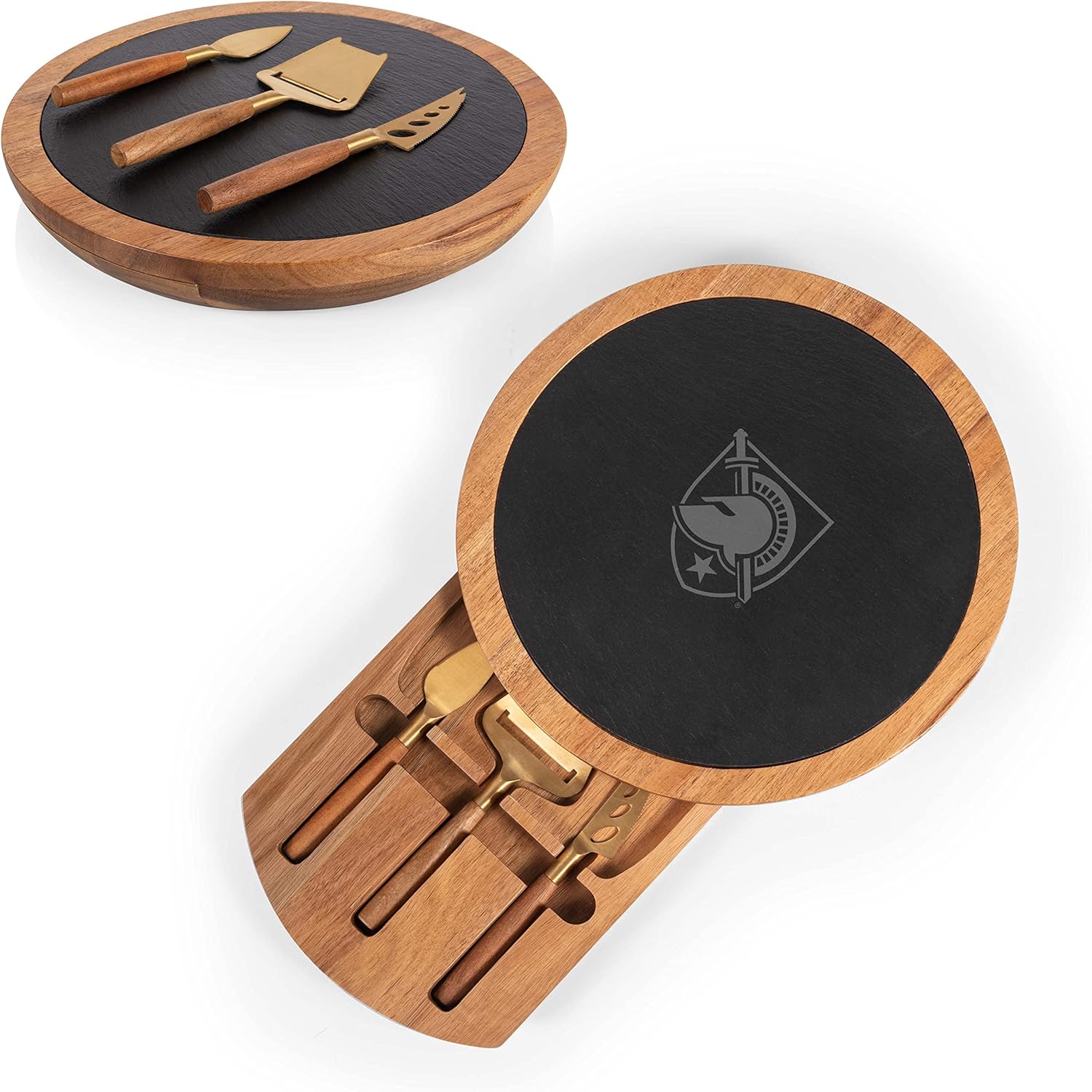 PICNIC TIME NCAA Insignia - Acacia and Slate Serving Board with Cheese Tools, (Acacia Wood & Slate Black with Gold Accents)