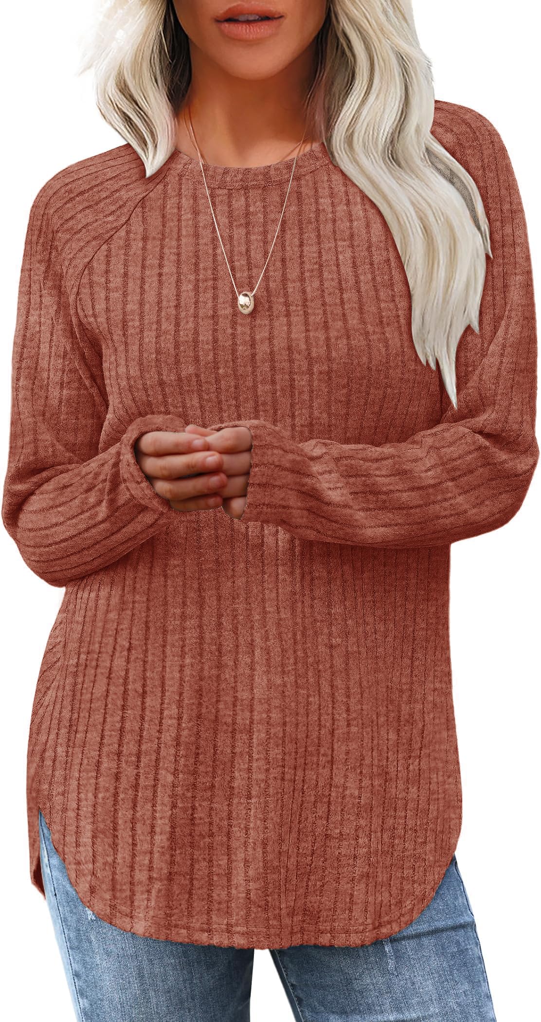 TrendiMax Damen Langarmshirt Herbst Leichte Strickpullover Rundhals Langarm Oberteile Casual Sweatshirt Tunika Tops