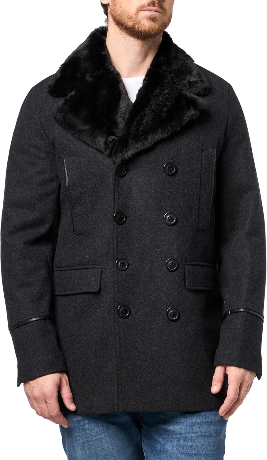 KARL LAGERFELD Men's Outerwear Faux Fur Collared Wool Coat