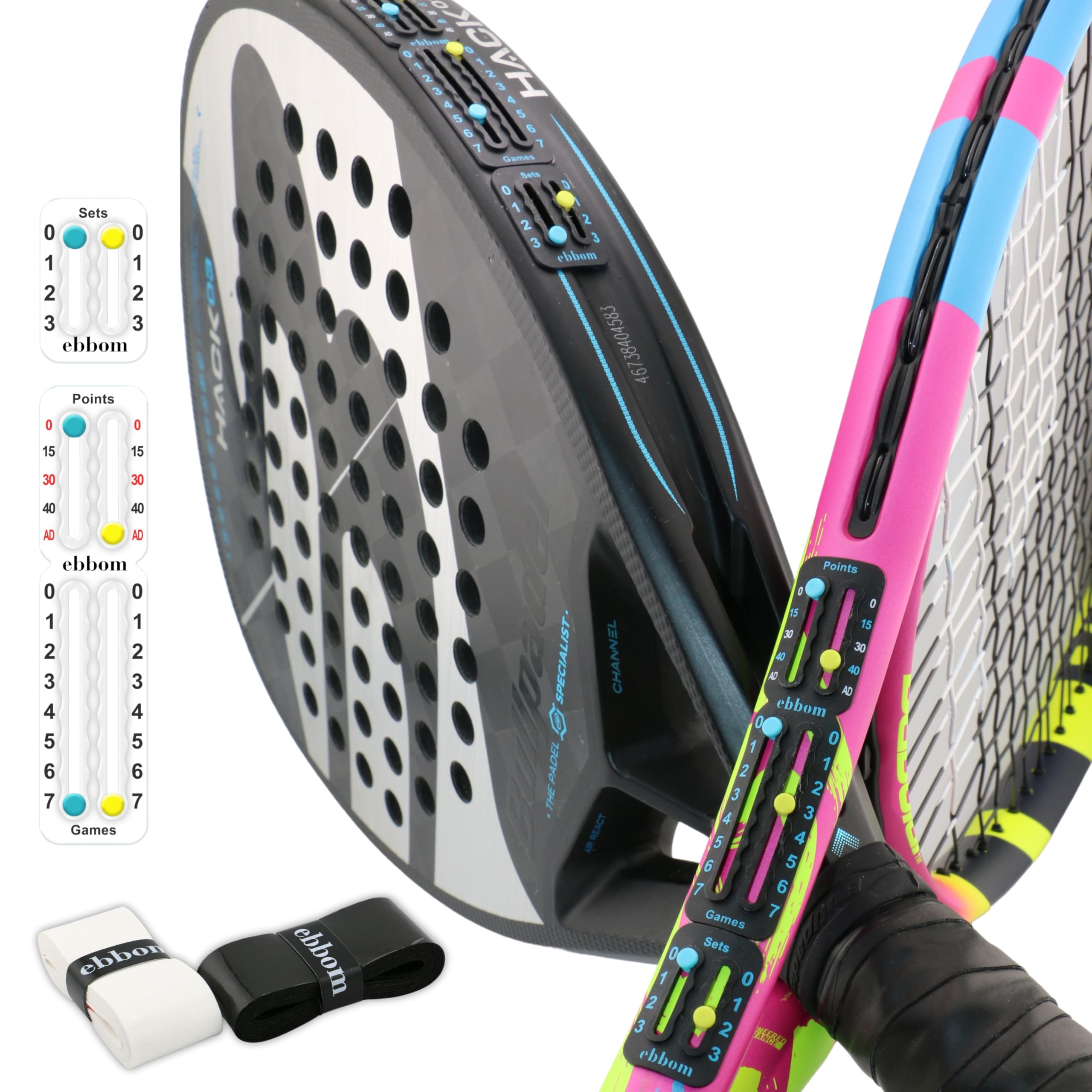 EBBOM Padel and Tennis Score Keeper - Includes 2 B/W Overgrips and 1 Cleaner - Ultra-light 3M Adhesive Score Tracker and Set Scorer Must Have Tennis Accessories for Women, Men and Kids