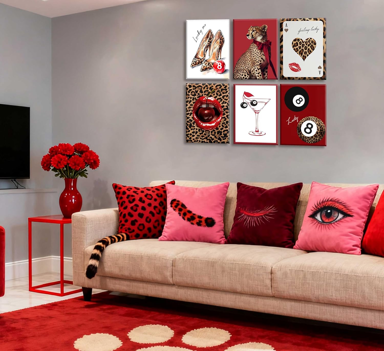 6Pcs Red Trendy Leopard Canvas Wall Art Fashion Cheetah Wall Decor Lucky 8 Ball Posters Prints Vintage Aesthetic Preppy Room Pictures Paintings for Girls Bedroom Apartment Dorm Framed