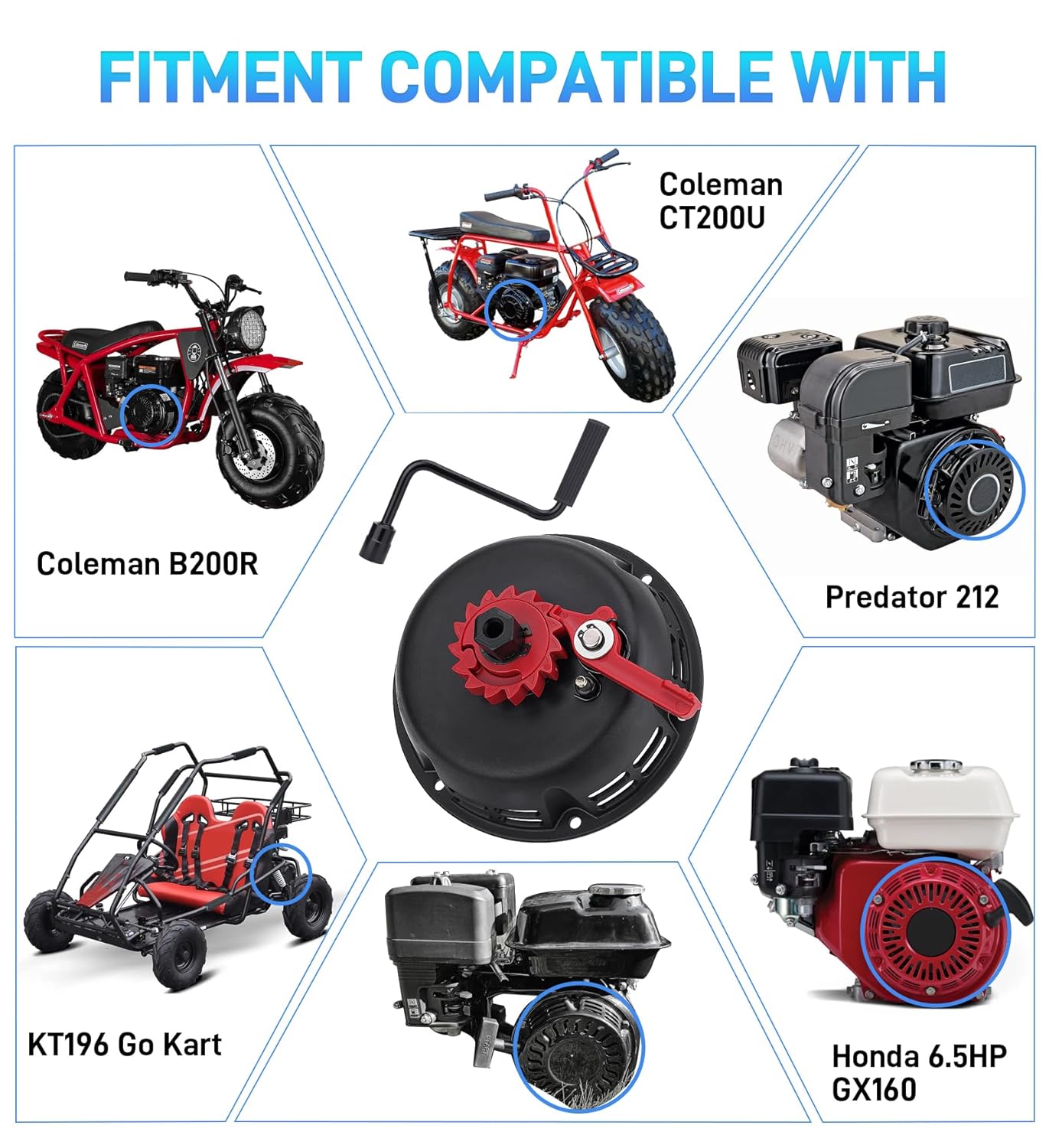 Easy Quick Fast Pull Start Recoil Starter Assembly Compatible with Predator 212，Coleman CT200U B200R 200cc Mini Bike and KT196 Go Kart，Crank Handle Start for Honda 6.5HP GX160 196 Hisun Engine-P