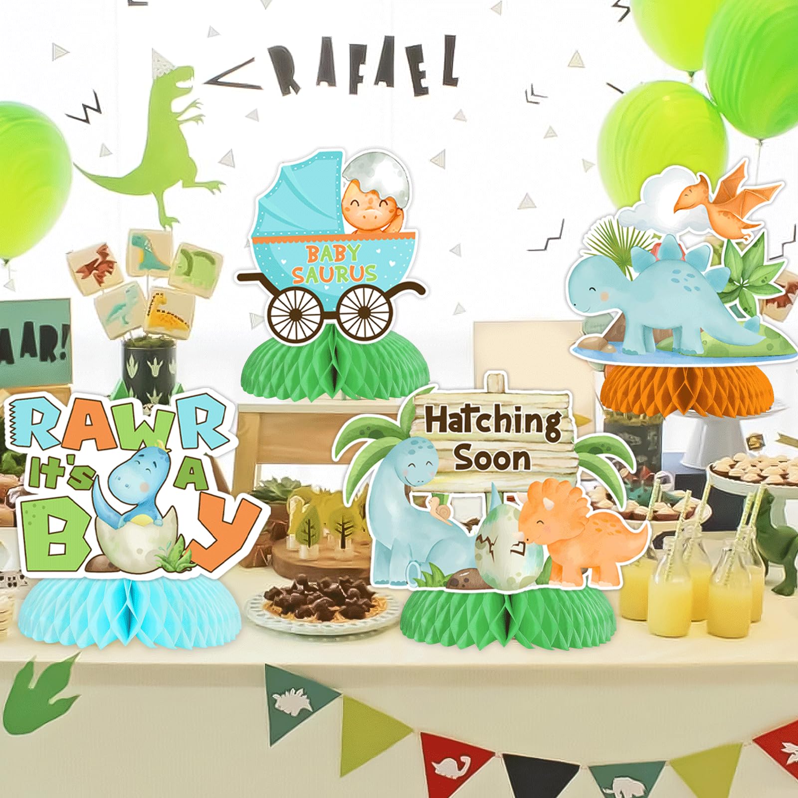 JOYMEMO 8 Pieces Dinosaur Baby Shower Honeycomb Centerpieces for Boys Hatching Soon Baby Shower Table Decorations - Image 3