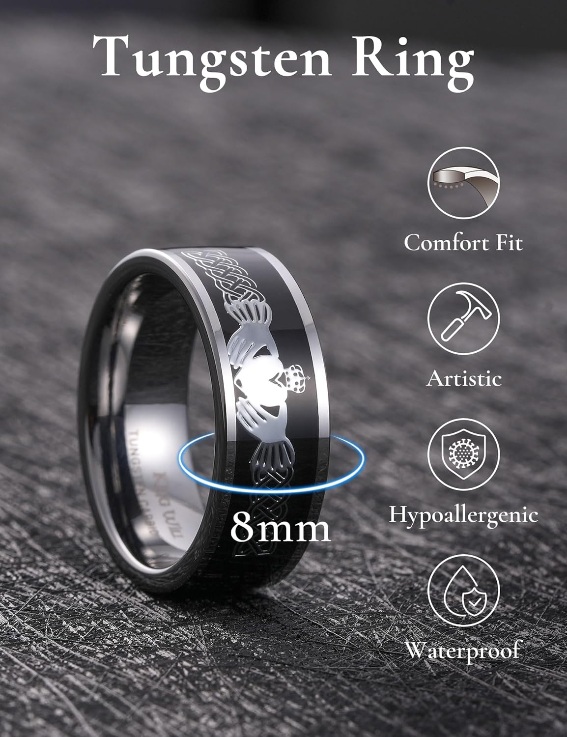 King Will 8mm Mens Tungsten Rings Irish Claddagh & Celtic Knot Inlay Vintage - Image 2