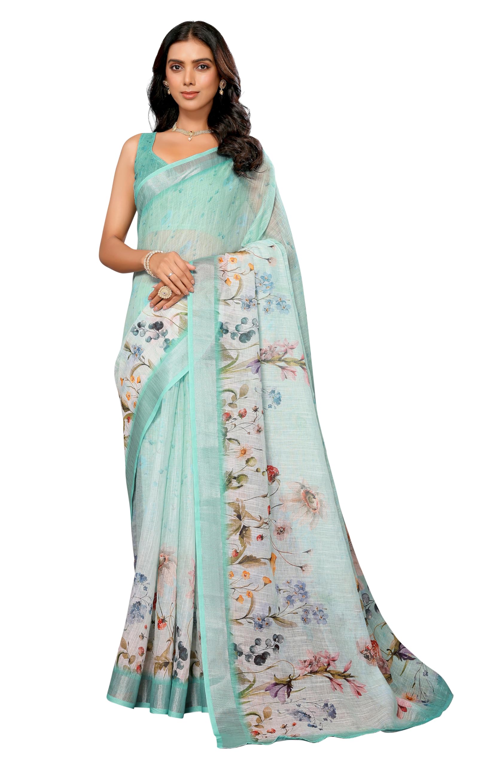 Janasya Sari da donna in misto lino con stampa floreale con camicetta