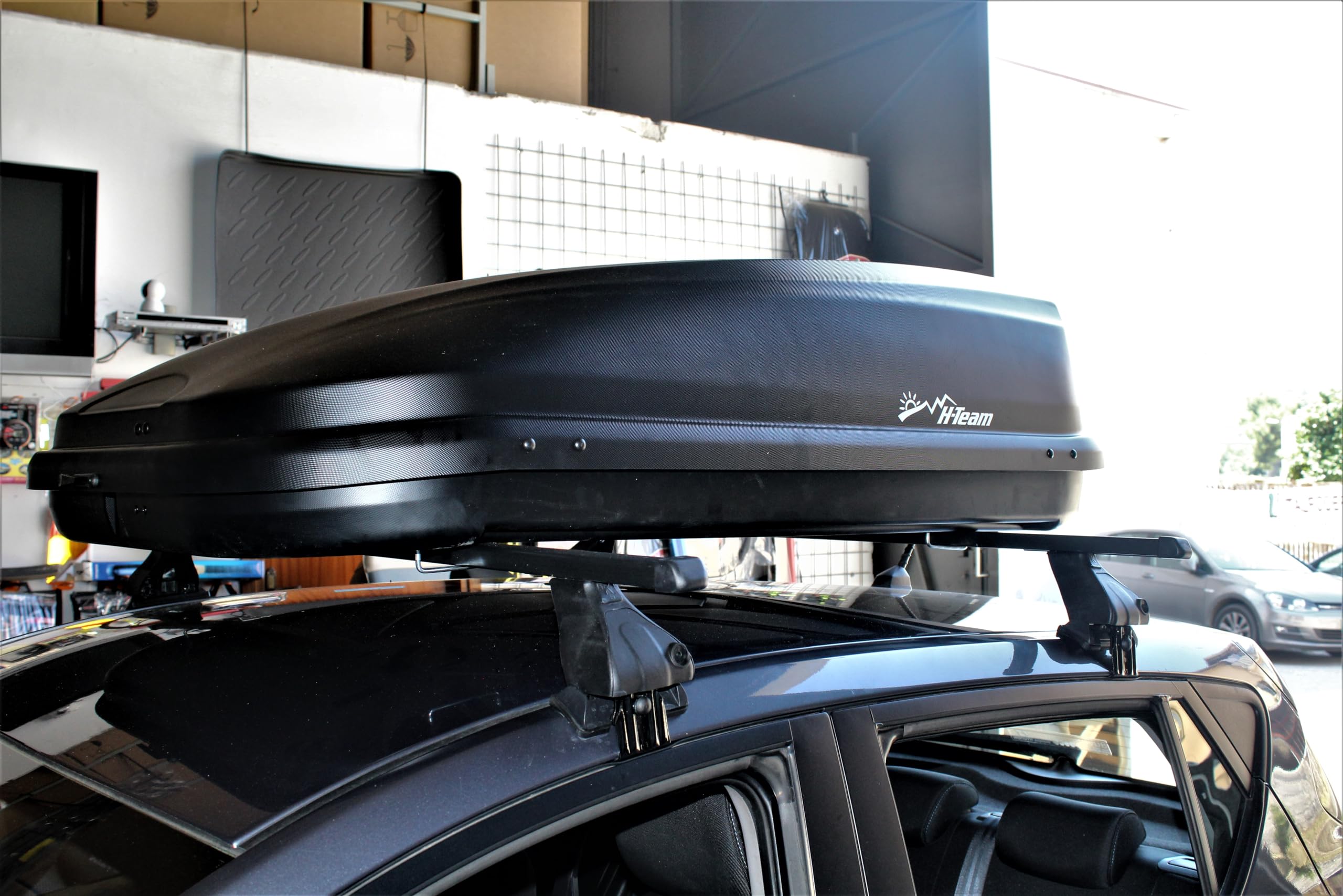 Cofre de techo para coche, 420 L, negro, en relieve, universal, 145 x 94 x 42 cm, ABS lateral derecho, portaequipajes torpedo, compatible hasta 8 cm, cierre de llave