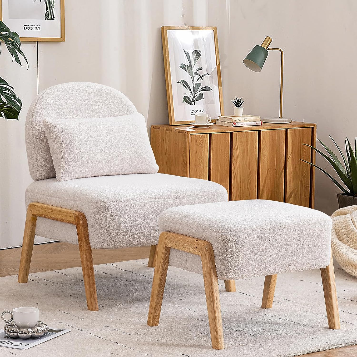 Amazon.com: CDCASA Accent Chair with Ottoman, 4.7'' Upholstered Teddy Fabric Mid Century Modern ...
