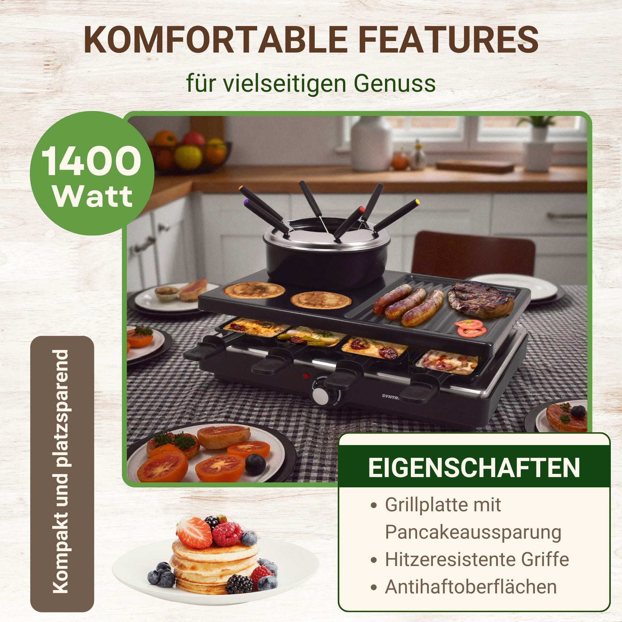 Syntrox Raclette Fondue 2in1 für 8 Personen, 1400 W, antihaft Grillplatte, 8 Pfännchen, 1,4 l Fondue-Topf, Thermostatsteuerung