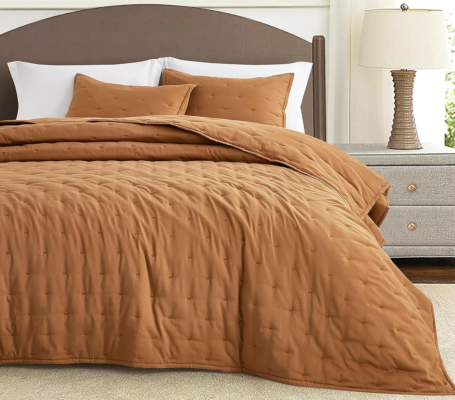 Chezmoi Collection Tencel Modal Blend Quilt Set King Size, Terracotta - Lightweight Soft Bedspread Crescent Stitched Quilt for All Seasons