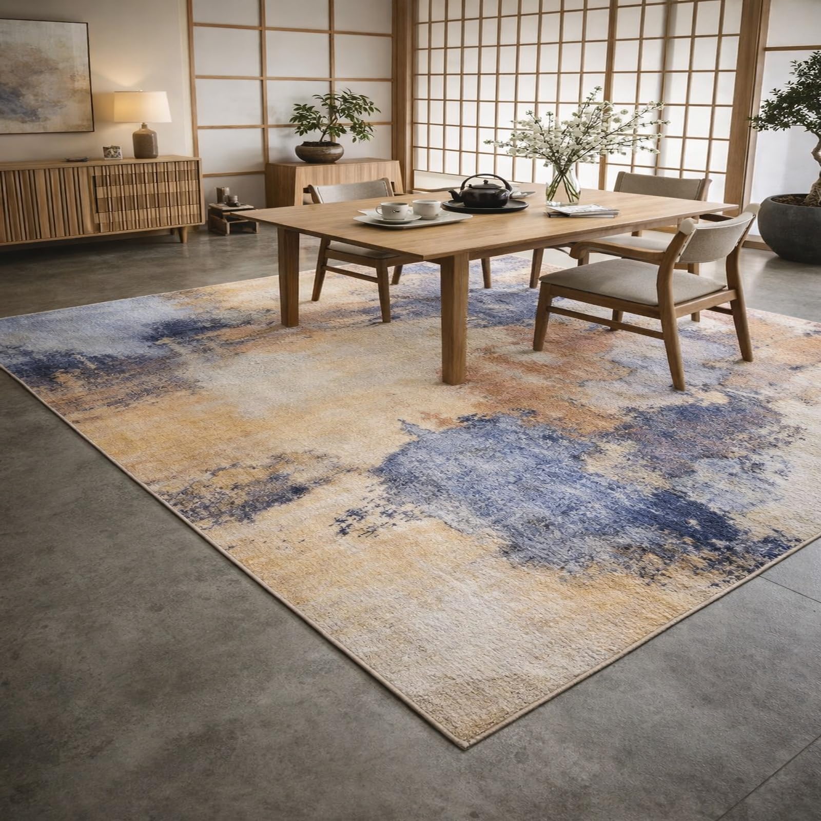 Tapis de salon doux et grand format 200 x 300 cm beige bleu marron moderne