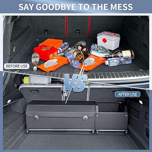 Miniatura 4 de Organizador de maletero de automóvil, organizador de maletero de cuero para SUV con tapa y asa resistente, plegable y ajustable (negro, XL (41.6 x