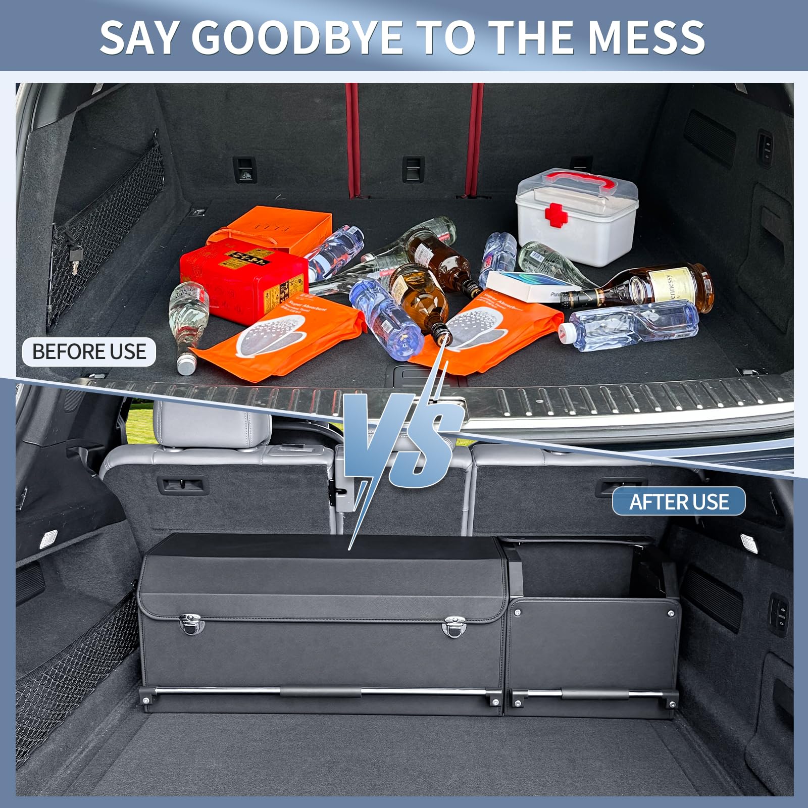 Organizador para Maletero de Coche con Tapa | Caja de Almacenamiento Modular 2 en 1 (con Subcajas) | Tamaño XXL | Asa Estable y Cuero Resistente | Marco ABS (Negro, 104x29x31cm)