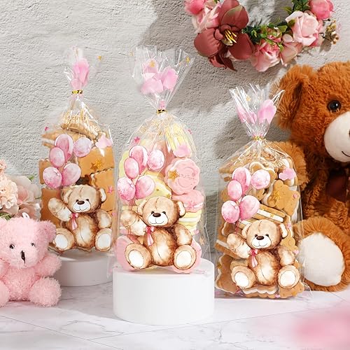 Miniatura 5 de Maitys 100 bolsas de celofán de oso para baby shower, bolsas de plástico para dulces con 100 lazos dorados, bolsas de regalo para revelación de