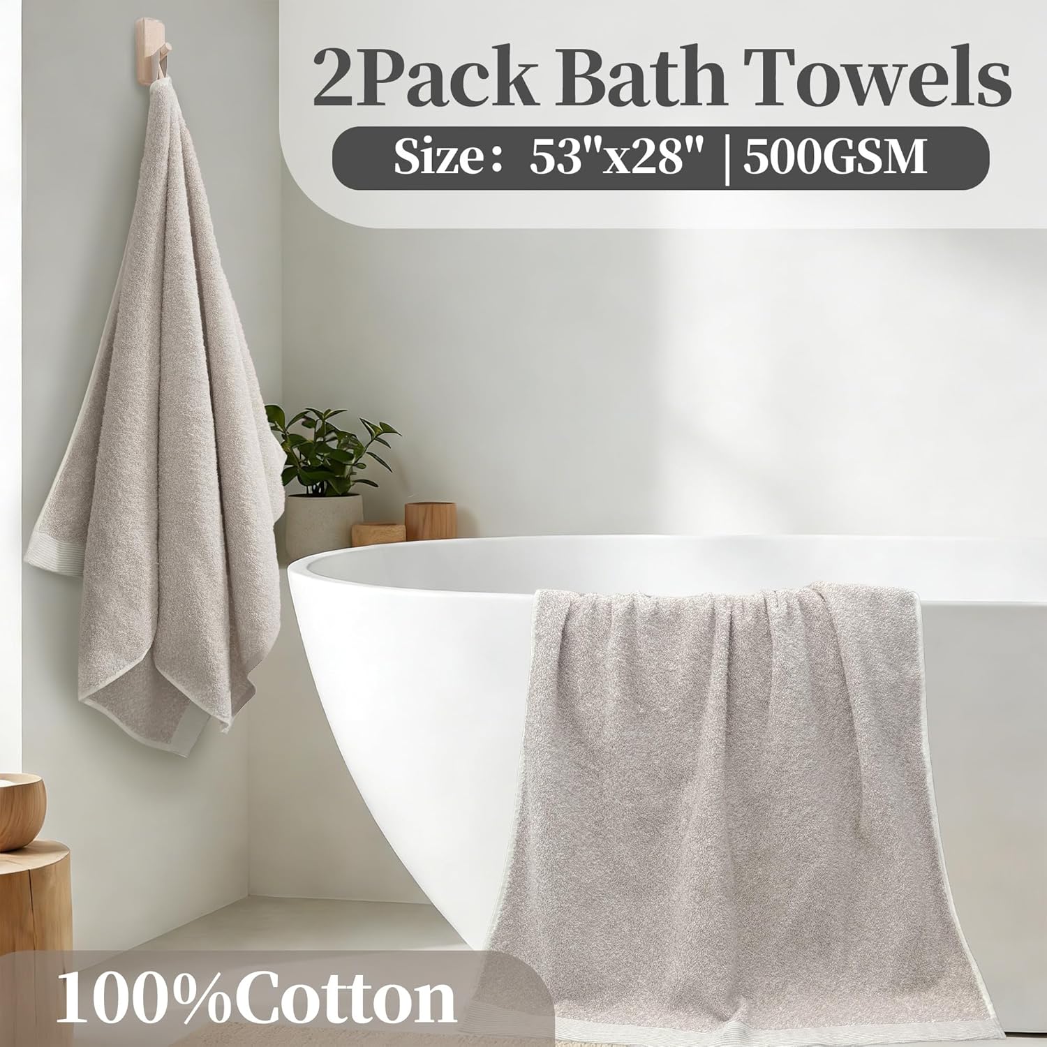 VOOVA & MOVAS 2 Piece Bathroom Towels Set, Extra Large 53x28 Inches | 500GSM 100% Cotton Heather Terry | Beige Heather, Thick & Plush | Highly Absorbent Quick-Drying Towels