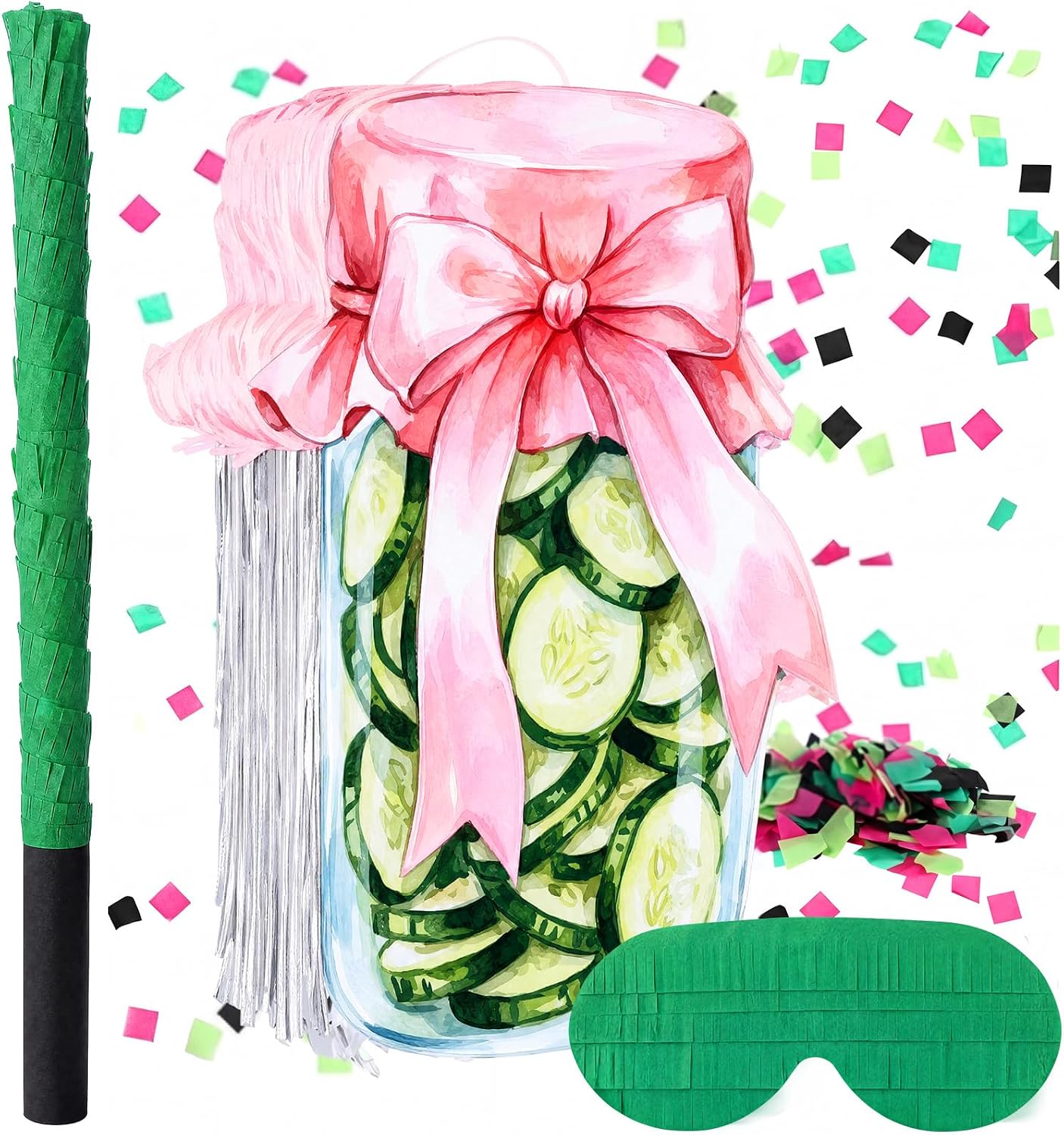 Unittype Pink Bow Pickle Piñata Set Kind of a Big Dill Birthday Party Decorations Cucumber Jar Baby Shower Supplies with Stick Blindfold and Confetti Fillers for Carnival Funny Food Theme Party