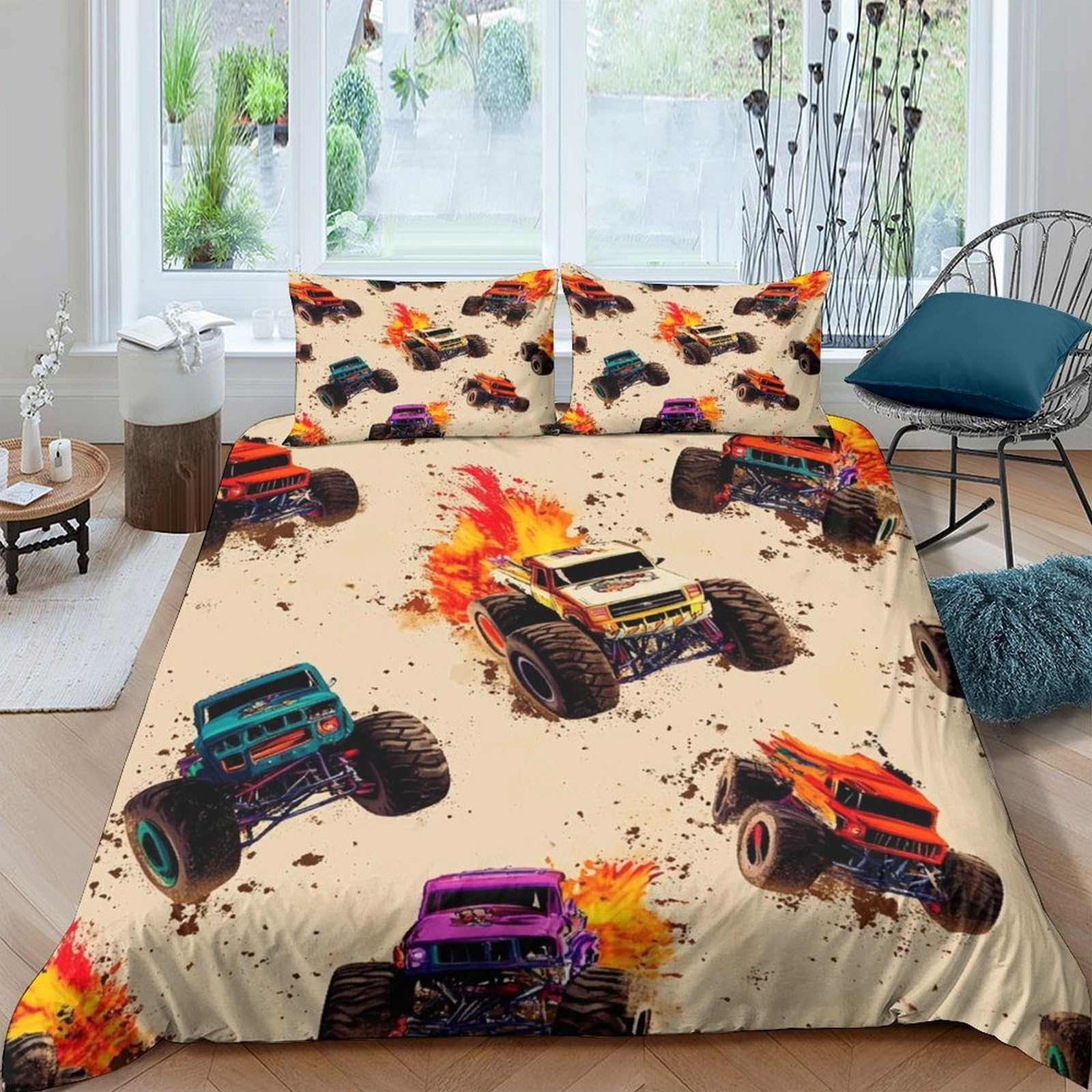 Ctjqhvkz Style-5 3D Printed Monster Truck Fitted Sheet Microfiber Soft Colourful Off-Road Car Bed Cover For Bedroom Dorm Decor Single（135X200cm）