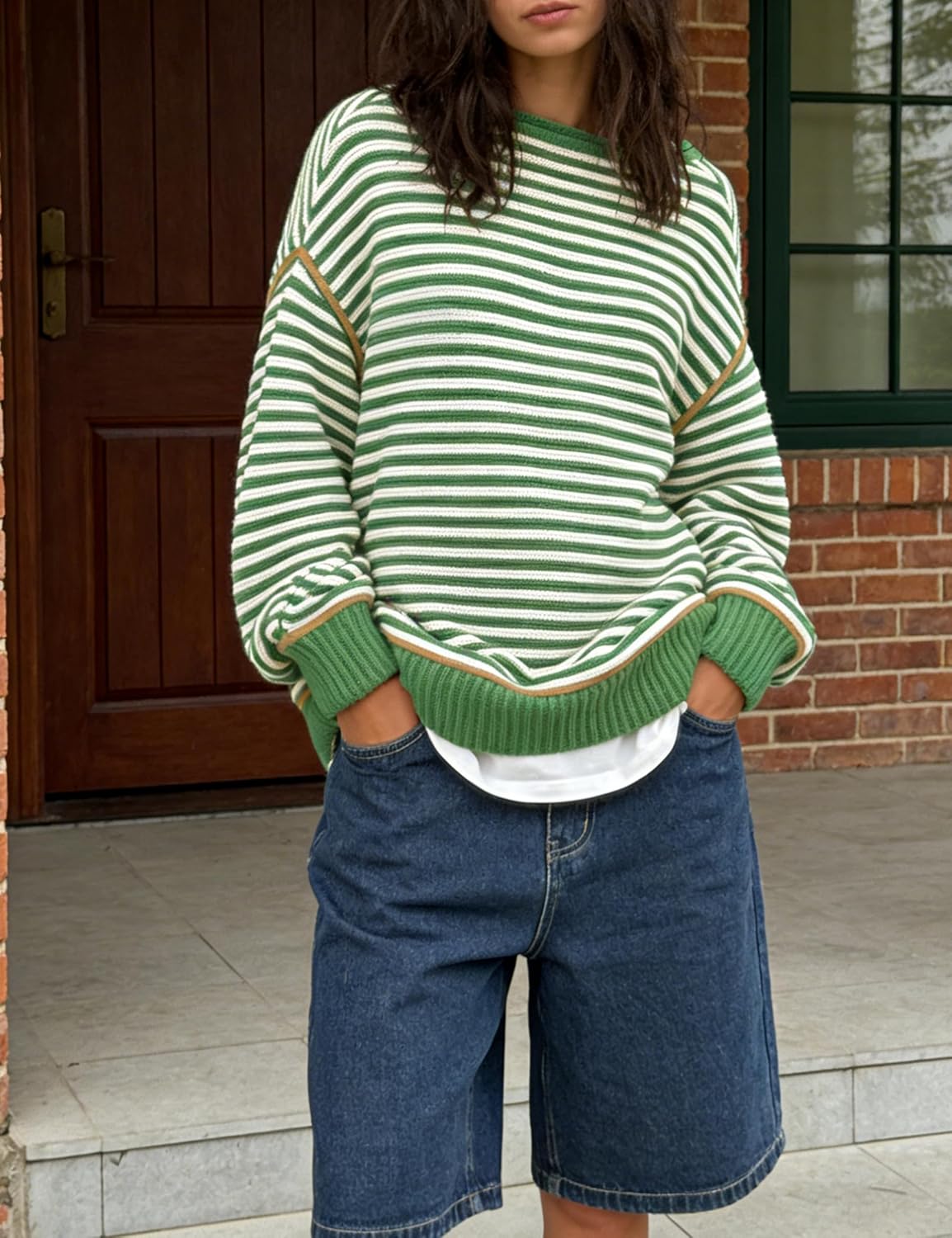 Women's Oversized Striped Sweater Long Sleeve Crew Neck Fall Pullover Sweater Tops - Image 2