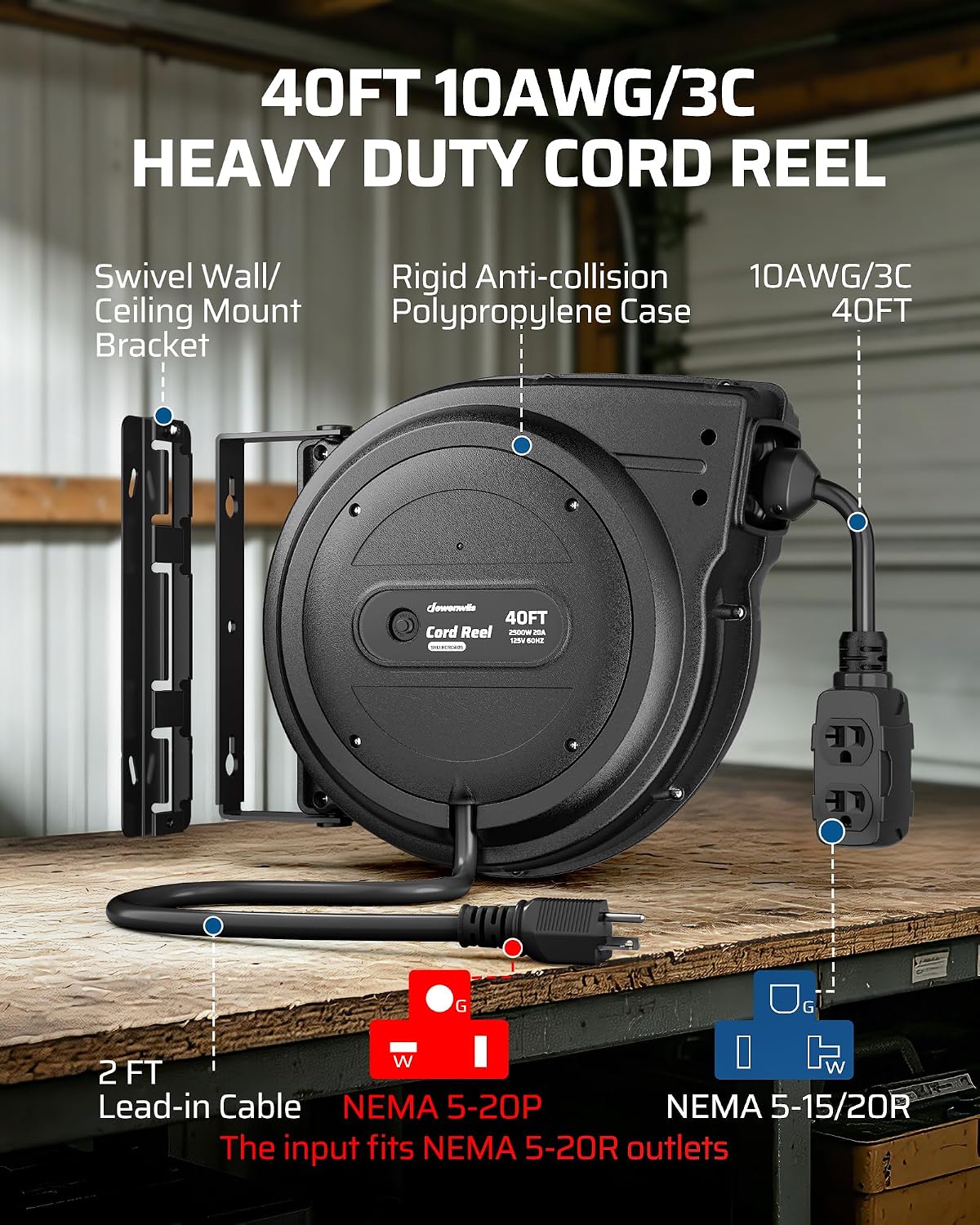 DEWENWILS 20 Amp Retractable Extension Cord Reel, Black, ETL Listed | 10AWG SJTOW Heavy Duty Electric Cord Reels, Auto-Rewind No-Tangle, 20A Circuit Breaker, 4 Outlets, 2500W