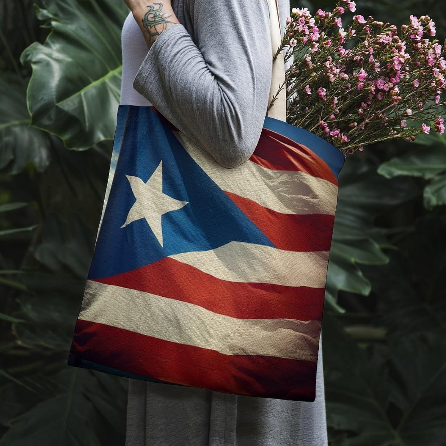 Canvas Tote Bag 16x15 In Lightweight Foldable Shoulder Hobo Purse | Puerto Rico Flag, Casual Tote with 10" Strap, Everyday Carryall, for Travel Work Grocery Shopping Beach Mark Gym Yoga