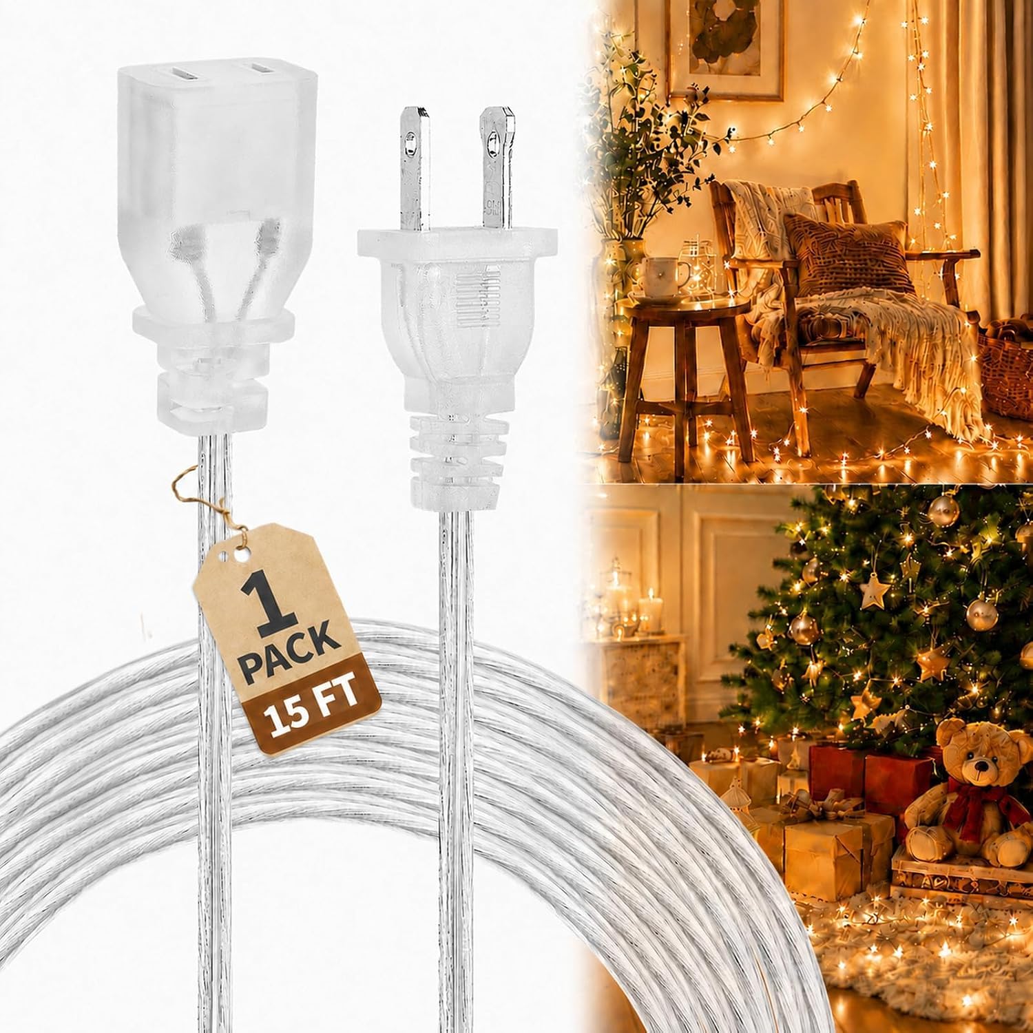 Clear Extension Cord 15ft, 2 Prong Power Cord, 1 Pack Male-Female