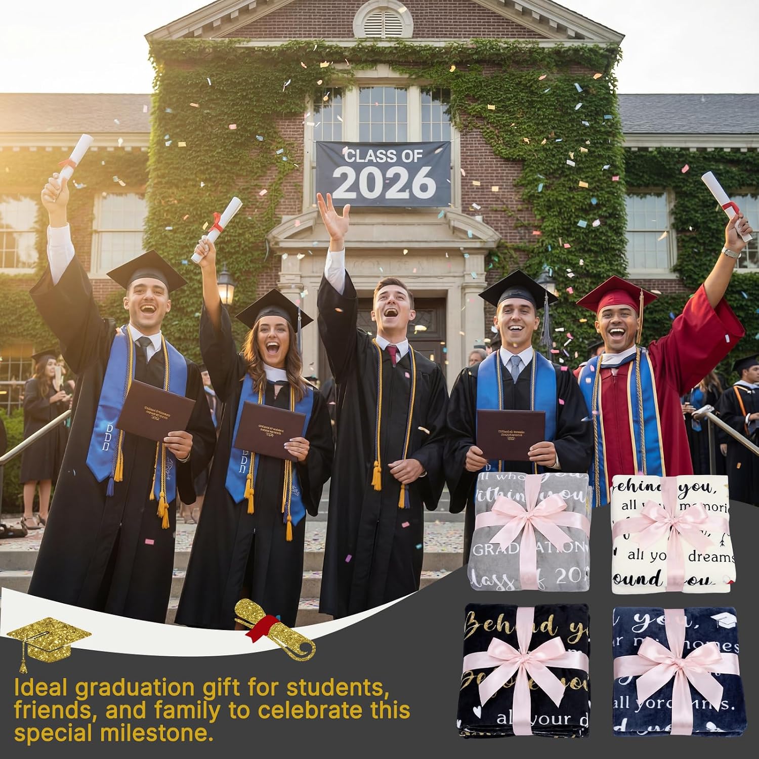 Hahafelt 4 Pcs Graduation Throw Blankets 50"x60" 2026 Graduation Gifts for Her Him Soft Fleece Class of 2026 Gifts High School Senior Night College Masters Degree Phd Graduate Blankets Bulk