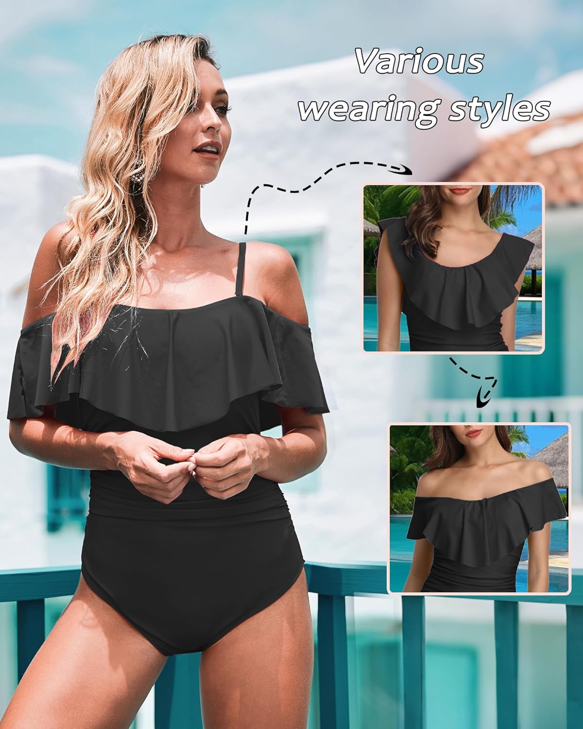 ZINPRETTY Womens Retro One Piece Bathing Suit Tummy Control Off Shoulder Swimsuit Flounce Ruffled Monokini Full Coverage - Image 8