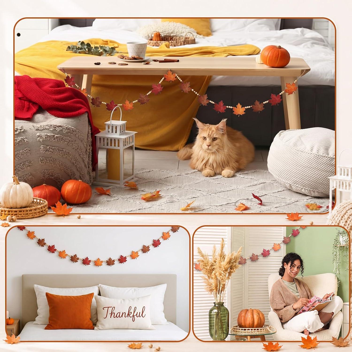 Vicenpal 6.8 ft Fall Wood Bead Garland Decor with Maple Leaf Autumn Banner