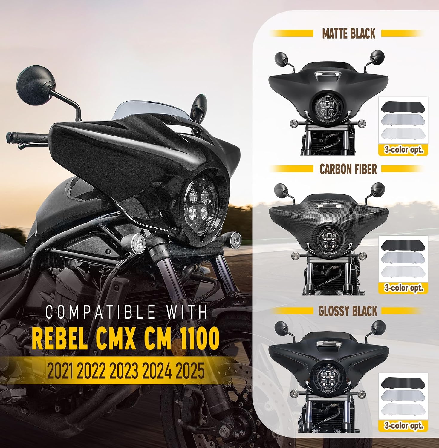 Motorcycle Front Headlight Fairing Cowl with Smoke Windshield Deflector Windscreen Visor Compatible with Rebel 1100 2021-2026, Glossy Black