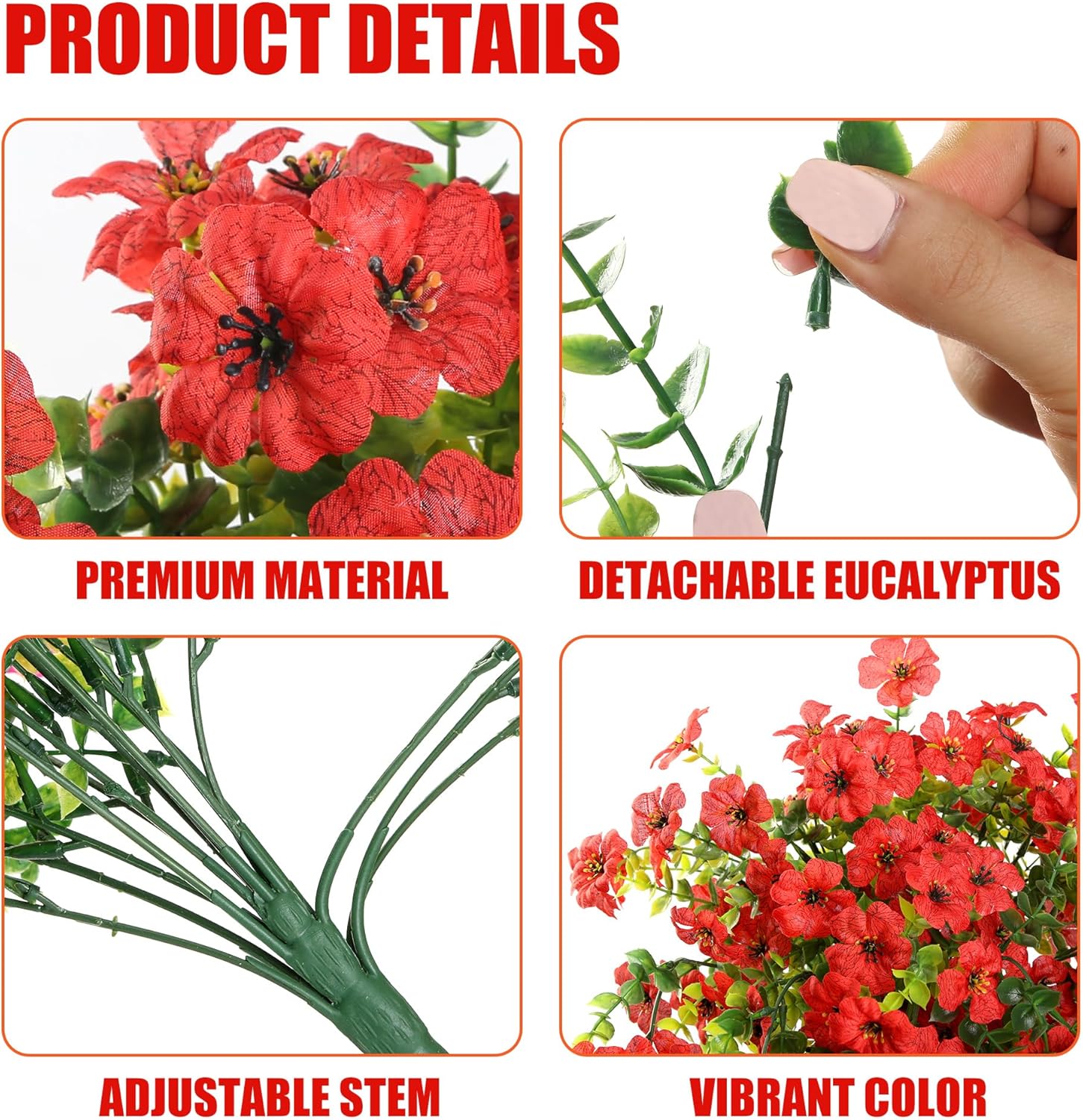 Sggvecsy Artificial Fake Hanging Flowers Plants for Outdoor Outside Spring Summer Decoration 2PCS Faux Silk UV Resistant Realistic Mums Daisy with Eucalyptus for Home Porch Patio Balcony(Red) - Image 6