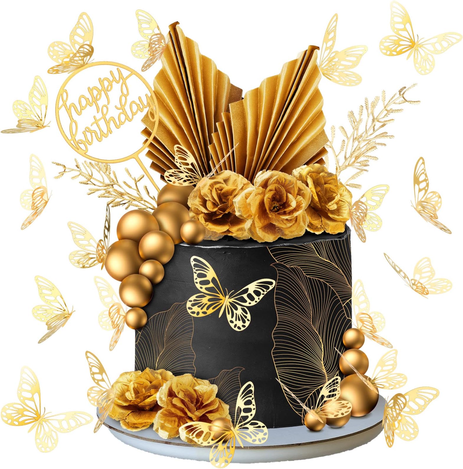 52 Pcs Gold Happy Birthday Cake Topper Decoration Boho Wedding Cake Topper Rose Flower Butterfly Palm Leaves Balls Birthday Decoration for Women Men Party Decor(Gold)