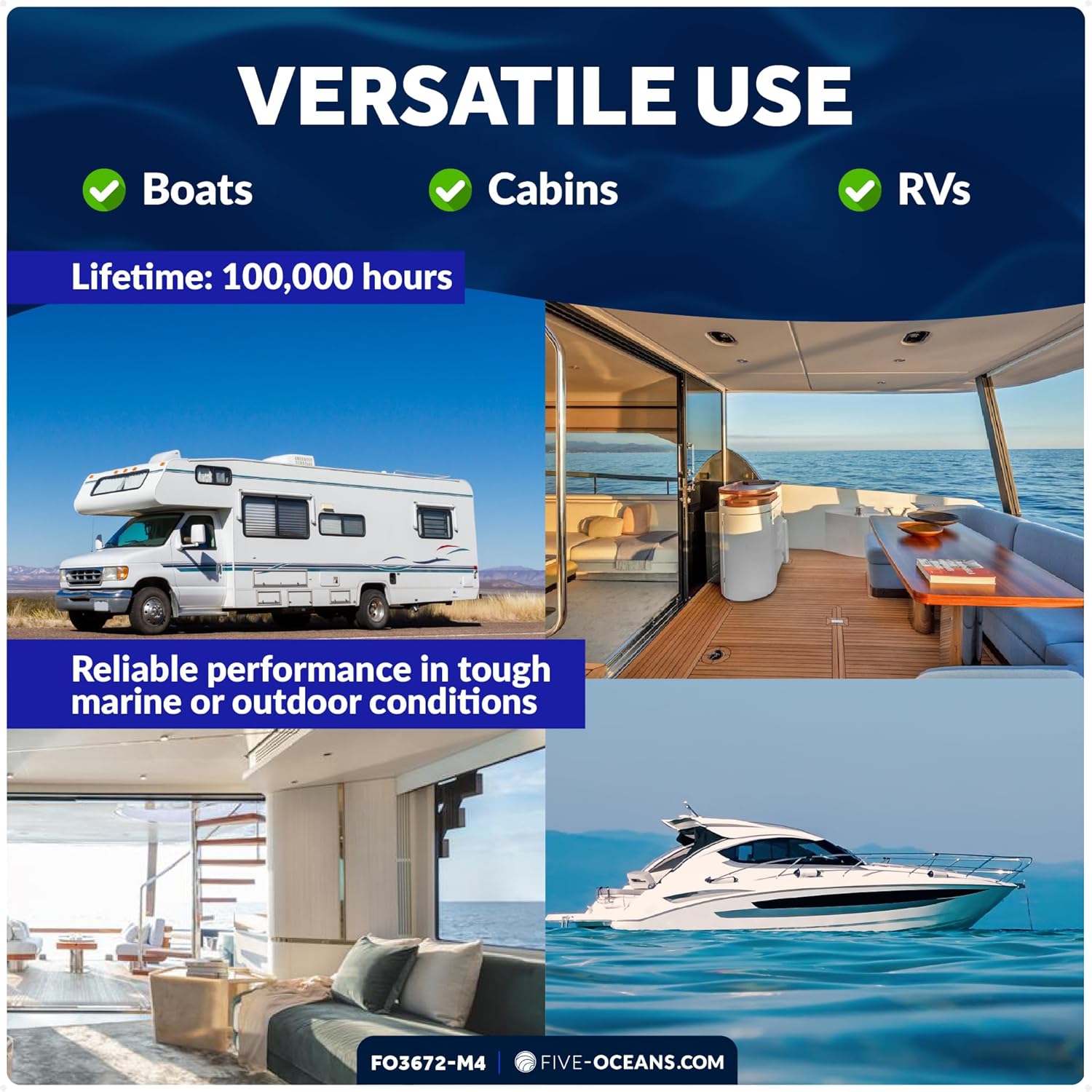 Five Oceans Oblong LED Courtesy Light, Cool White, IP67 Waterproof, 12V, 4-Pack Marine Lights for Boat Interior, Deck, Cockpit, Pontoon, Yacht, Sailboat, RVs - FO3672-M4