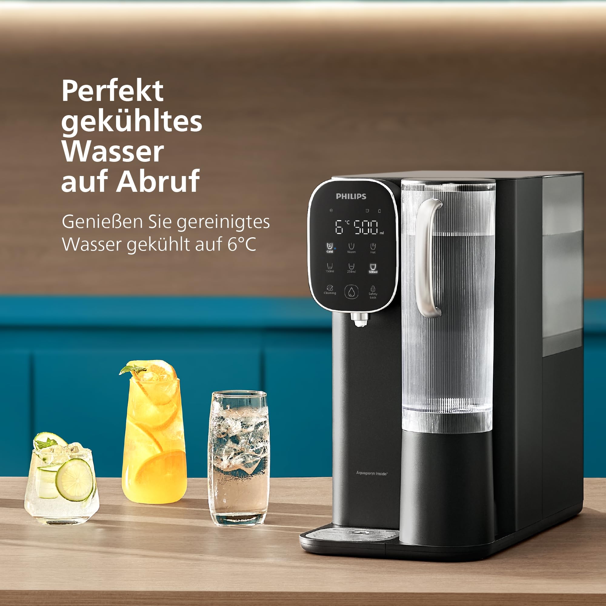 Philips 6500 Umkehrosmose-Wasserspender: gereinigtes heißes und gekühltes Wasser in Sekunden, 5-in-1-RO-Filter reduziert >110 Schadstoffe, 3:1 Rein-/Abwasser, UV-C-Schutz, Keine Installation, 2000 L