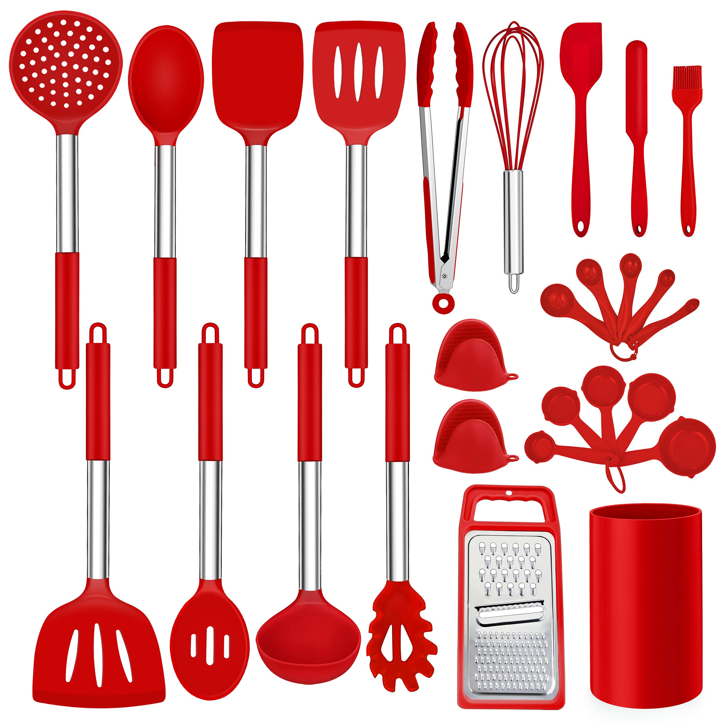 LIANYU Juego de 27 utensilios de cocina con soporte juego de espátula de silicona con mango de acero inoxidable utensilios de cocina para utensilios de cocina antiadherentes resistente al calor rojo