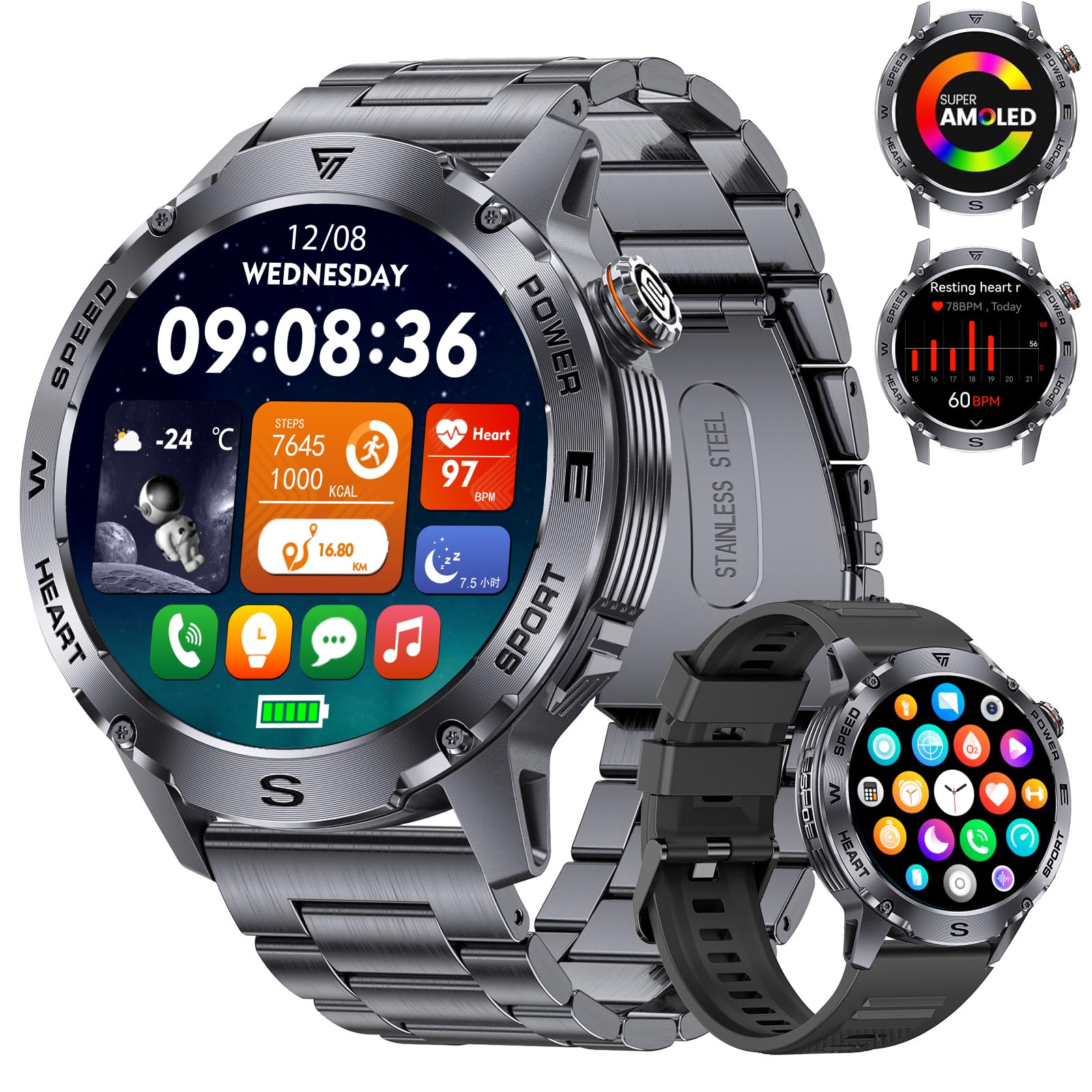LIGE Orologio Smartwatch Uomo con Chiamata Bluetooth, 1.43" AMOLED Smart Watch con 24/7 Frequenza Cardiaca per Android iOS, 170+ Sportmodi, Impermeabile IP68, 200+ Quadranti, Nero Grafite