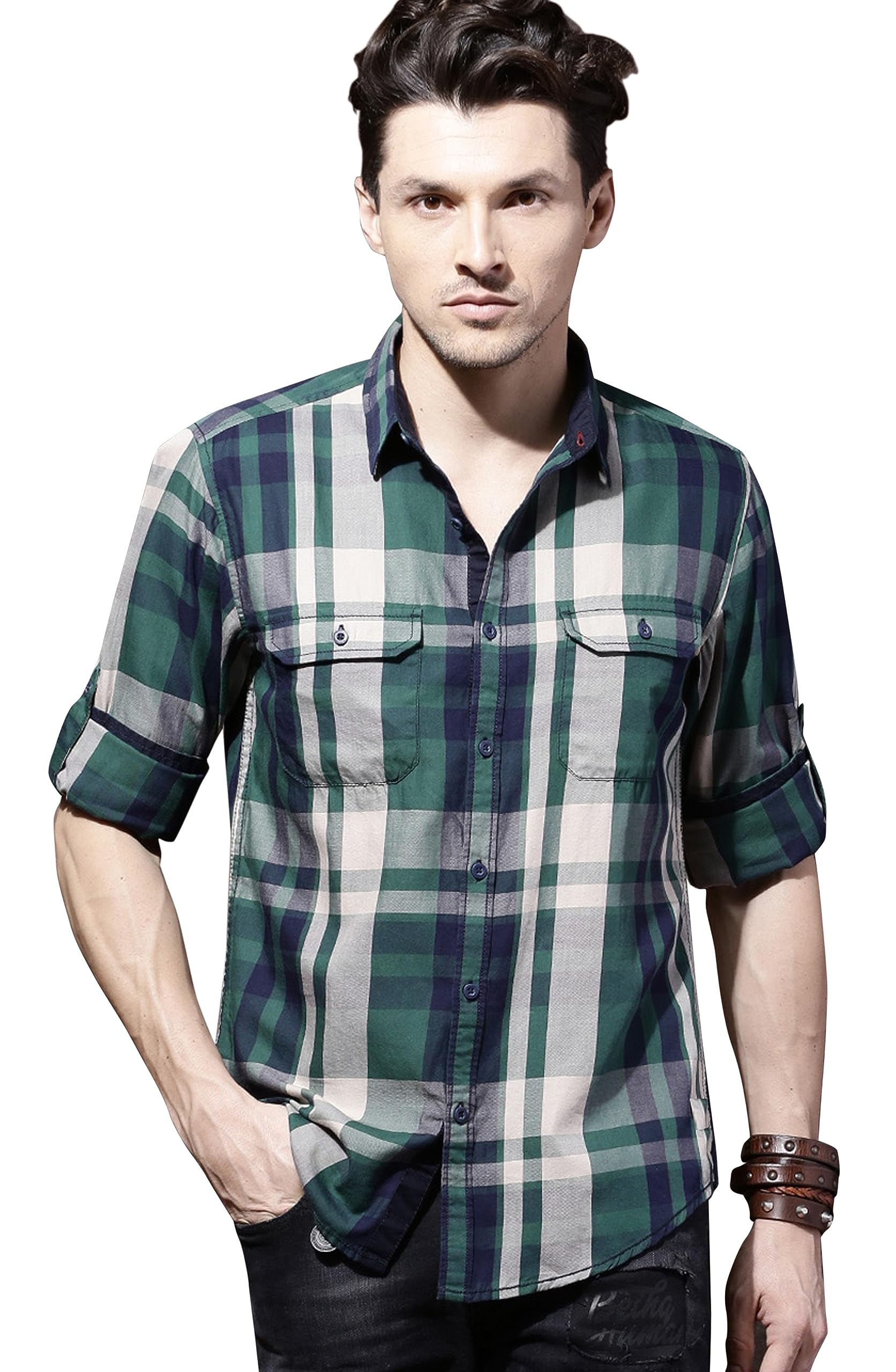 Indoprimo Mens Cotton Casual Double Pocket Checks Shirt For Men