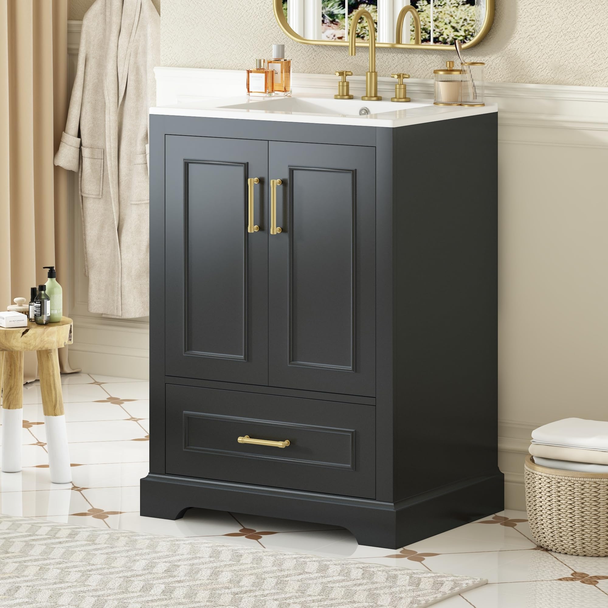 Photo 1 of Merax 24" Bathroom Vanity with Sink & 1 Divider Drawer & 2 Soft-Close Doors (Double Shelf on Door), MDF and Solid Wood Frame, Freestanding Vanity Cabinet (Black)
