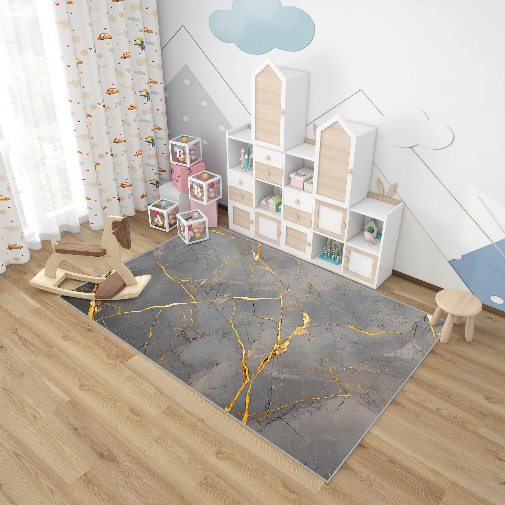 Marmor Teppich Wohnzimmer 240x340 Modern Abstrakt Grau Gold Deko, Großer Teppich Kurzflor, Weich rutschfest Waschbare Teppiche, Bettvorleger Schlafzimmer Kinderzimmer