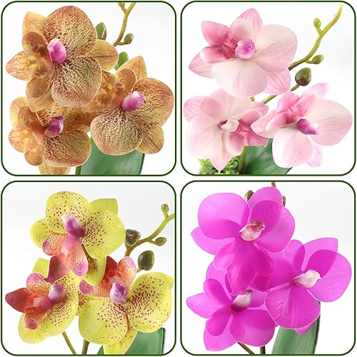 Miniatura 4 de 4 piezas de flores artificiales de orquídea falsa Phalaenopsis pequeña en maceta florero de cerámica para centro de mesa, hogar, oficina, baño,