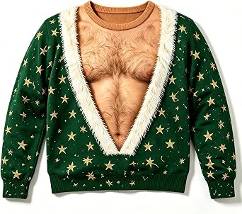 Mens Ugly Christmas Sweatshirt Funny 3D Print Pullover Hairy Chest Jumper