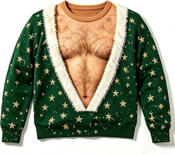 Mens Ugly Christmas Sweatshirt Funny 3D Print Pullover Hairy Chest Jumper