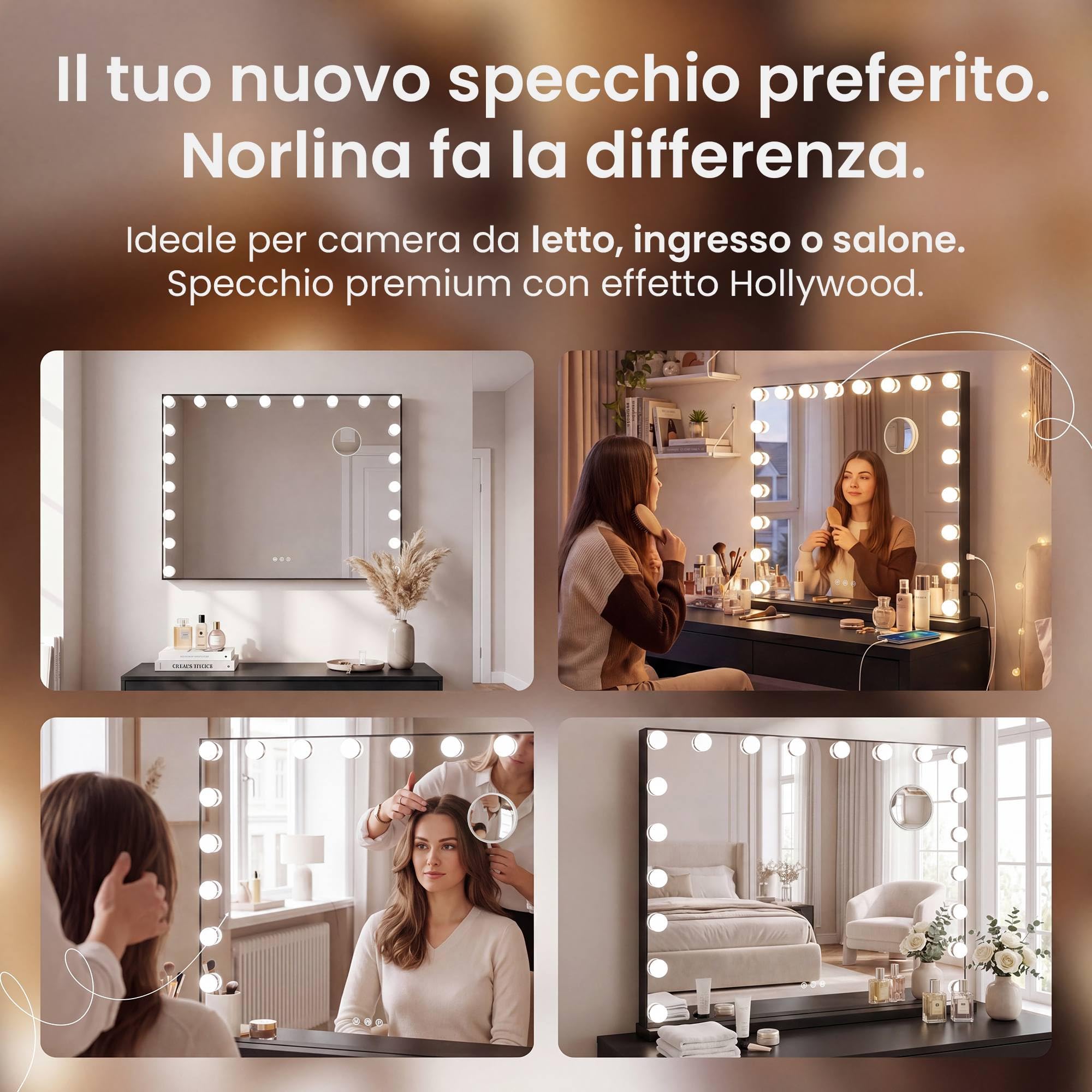 CLP Specchio Trucco Norlina 80x60 cm con Luci LED Dimmerabili, 3 Modalita di Illuminazione e USB. Specchio Hollywood da Parete o da Tavolo, Colore:nero