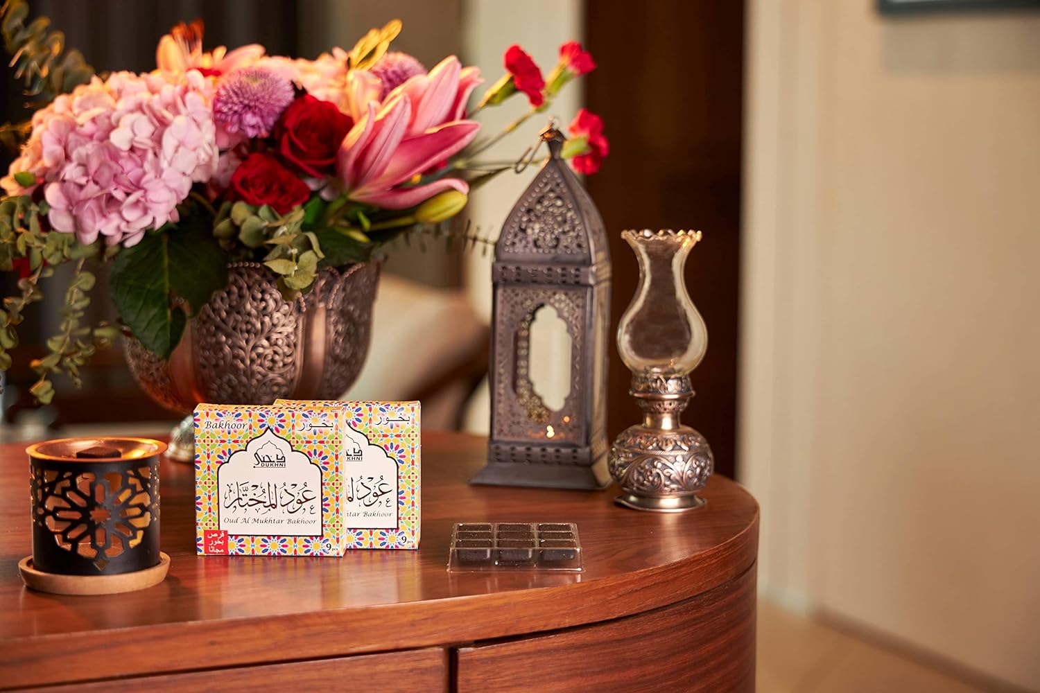 Oud Al Mukhtar Bakhoor Set by Dukhni | 2 x 9 Piece Each & Oriental Bakhoor Burner | Arabic Incense | Floral Woody Oud Blend | Perfect for Prayer Time