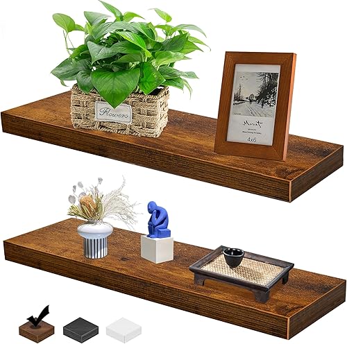 Juego de 2 estantes flotantes de 23 pulgadas, estante de madera rústica para decoración de pared, estantes de pared para almacenamiento de baño,