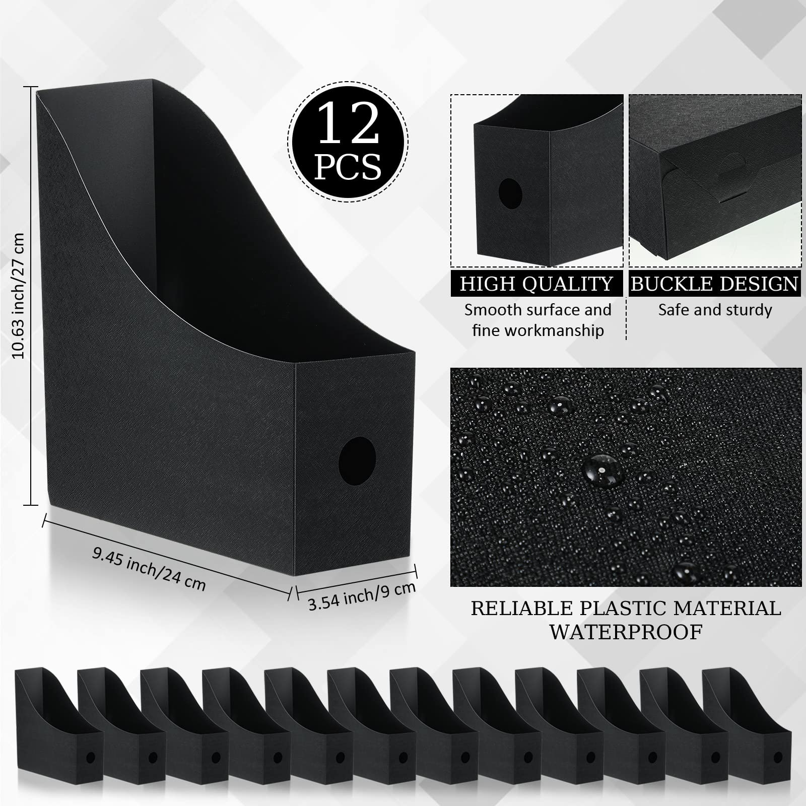 12 Pack Magazine File Holder Plastic Desk Organizer Magazine Holder Storage Heavy Duty File Boxes for Home Storage and Office Organization(Black)