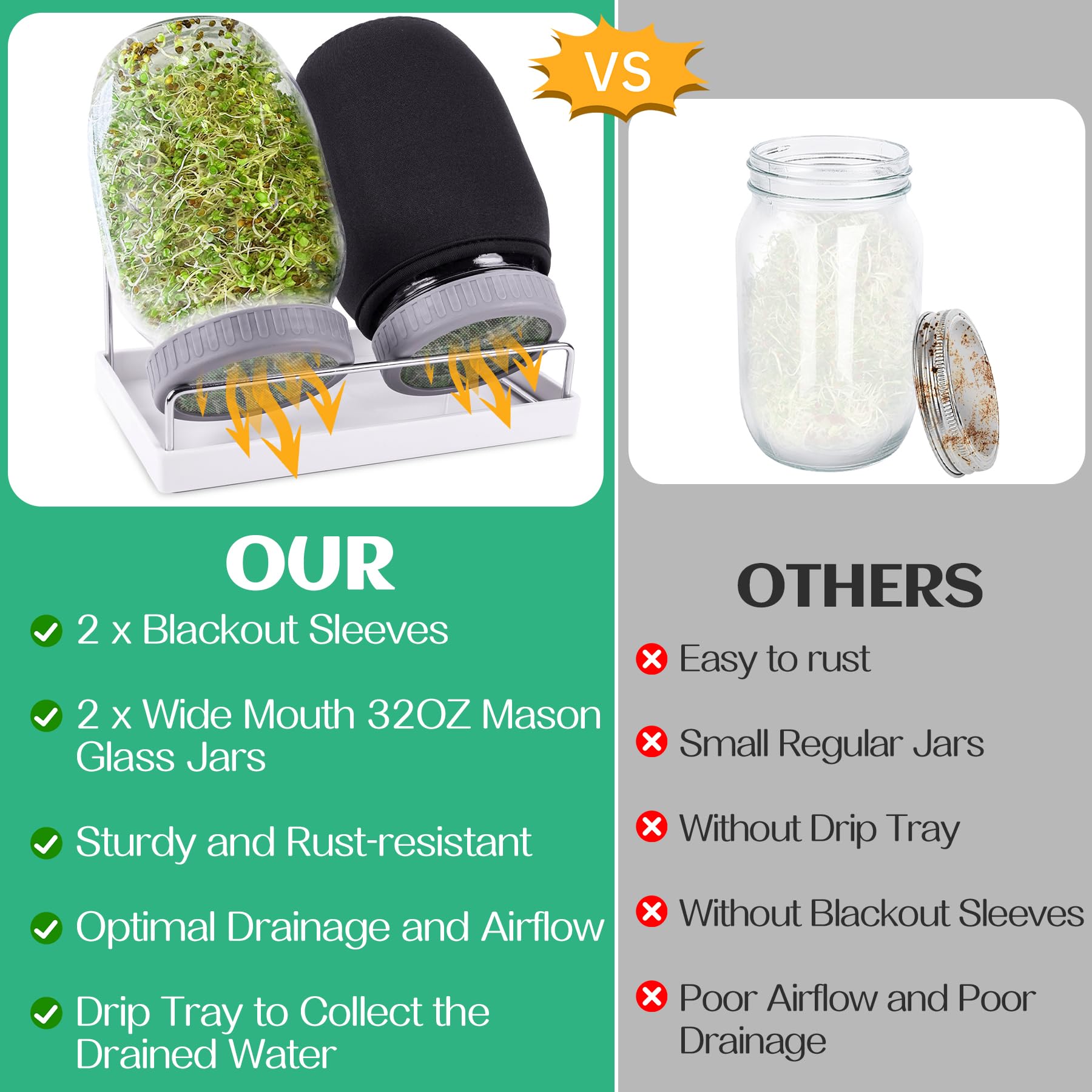 Seed Sprouting Jar Kit with 2 Wide Mouth Mason Jars Bean Sprouts Growing Kit Microgreens Growing Jar with Mesh Screen Lids Sprouter Sprouts Maker for Growing Broccoli, Alfalfa, Mung Bean